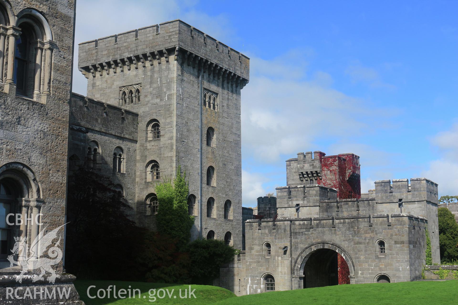 Photographic survey of Penrhyn Castle, Bangor. East front, view across the yard towards the back of entrance and porch.