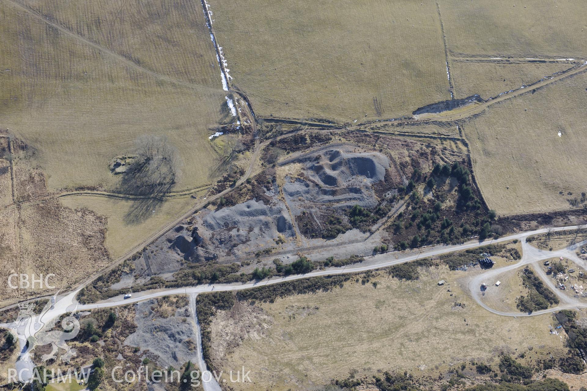 Cwmsymlog lead mine, north of Goginan, Aberystwyth. Oblique aerial photograph taken during the Royal Commission's programme of archaeological aerial reconnaissance by Toby Driver on 2nd April 2013.