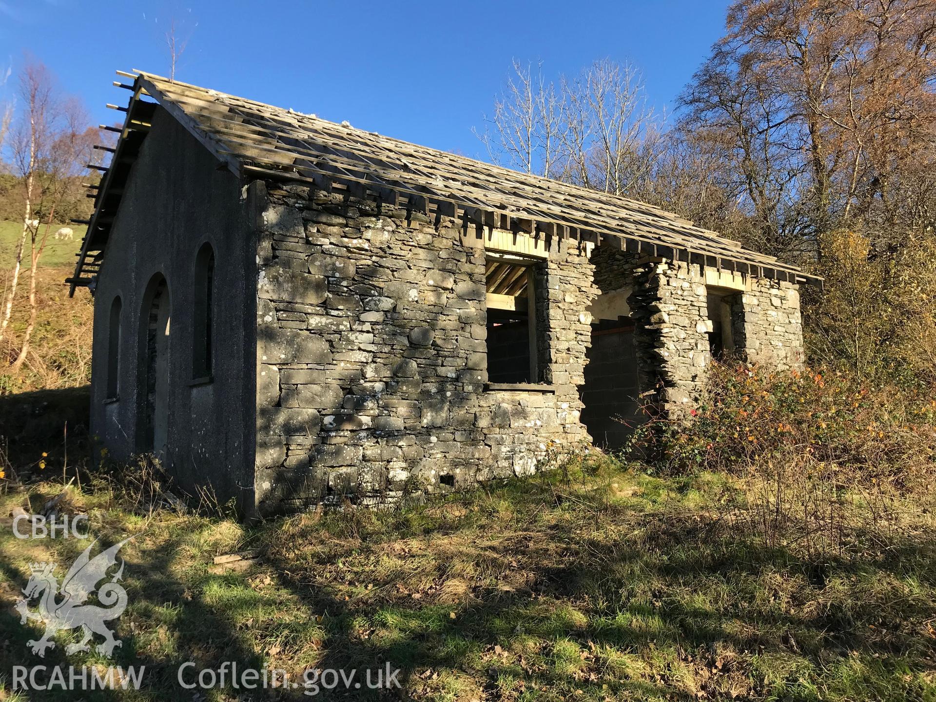 View from the south west of the front and side elevation of Glan-yr-Afon Calvinistic Methodist schoolroom, Tregaron. Colour photograph taken by Paul R. Davis on 18th November 2018.