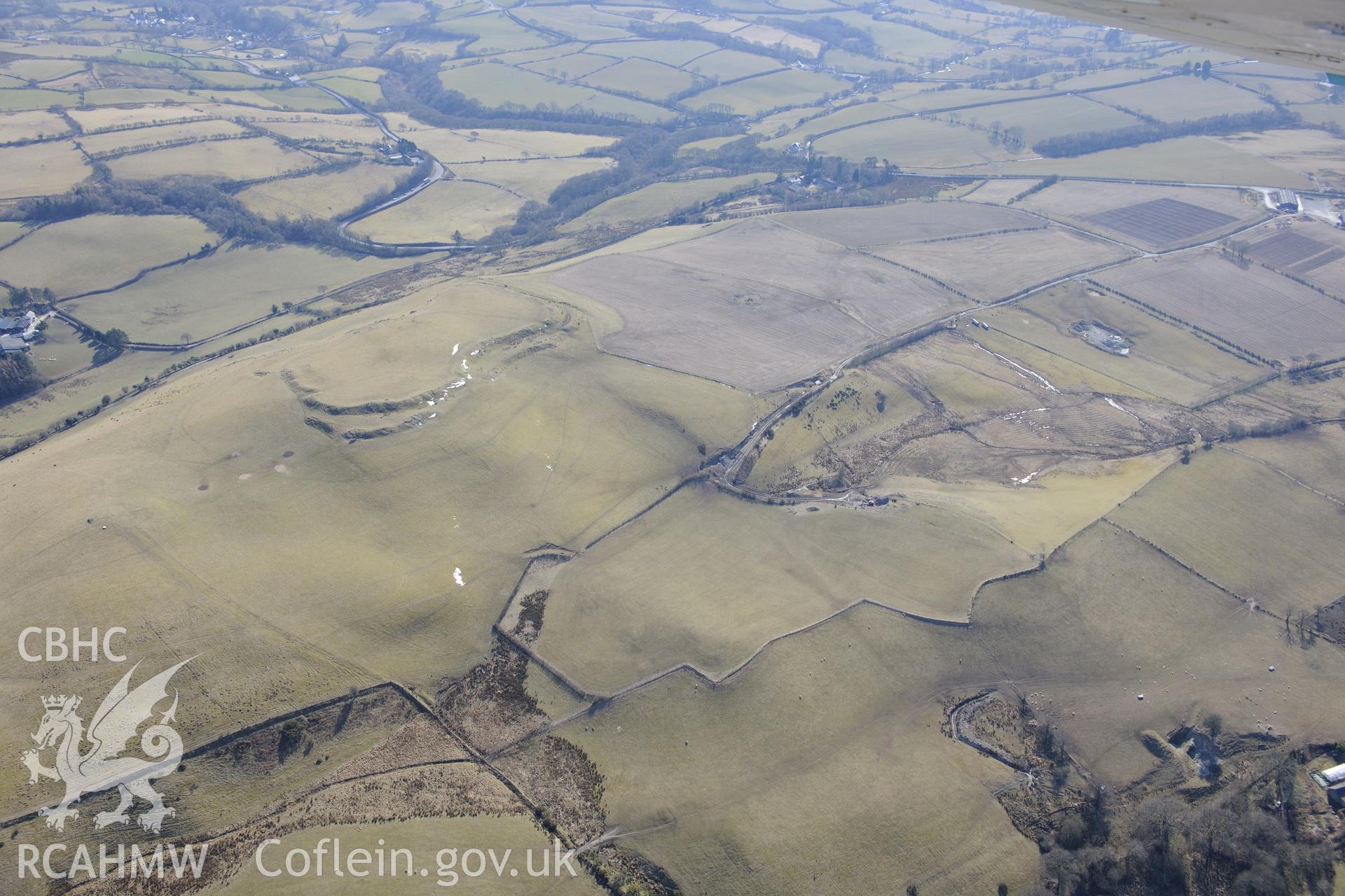 Gaer Fawr hillfort, north of Lledrod, Aberystwyth. Oblique aerial photograph taken during the Royal Commission?s programme of archaeological aerial reconnaissance by Toby Driver on 2nd April 2013.