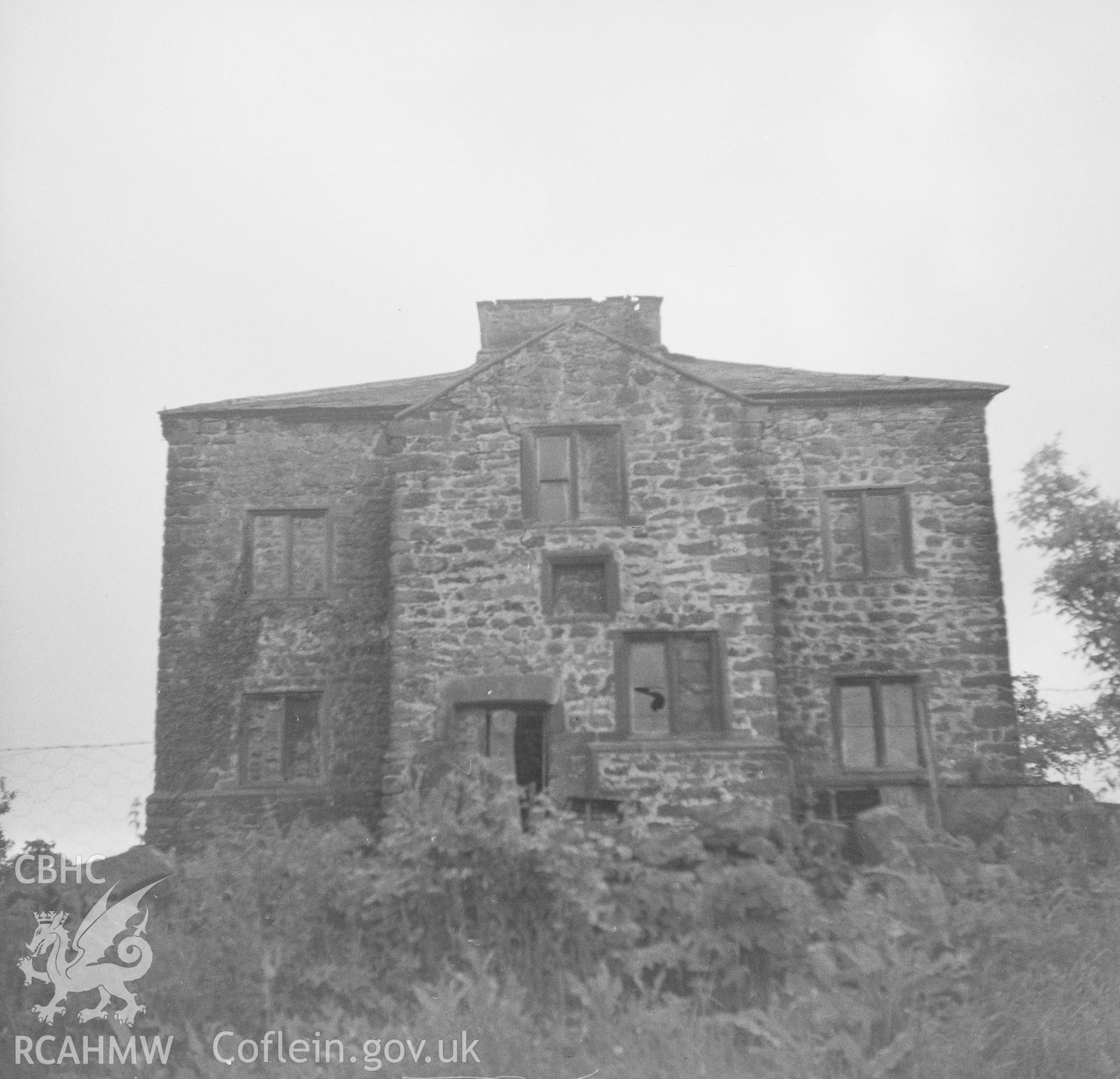 Digital copy of a black and white nitrate negative, exterior view of house captioned 'Frimley' in Flintshire.