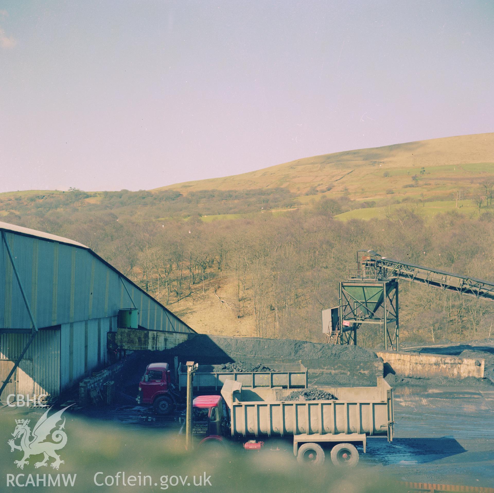 Digital copy of an acetate negative showing coal lorries at Blaenant Colliery from the John Cornwell Collection.