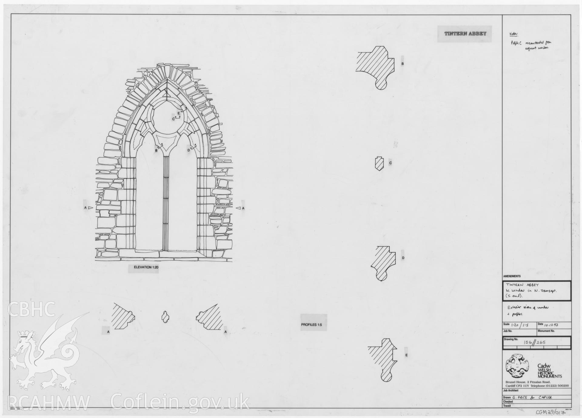 Digital copy of Cadw guardianship monument drawing of Tintern Abbey, exterior view and profiles of west window in north transept, dated 10th December 1997..