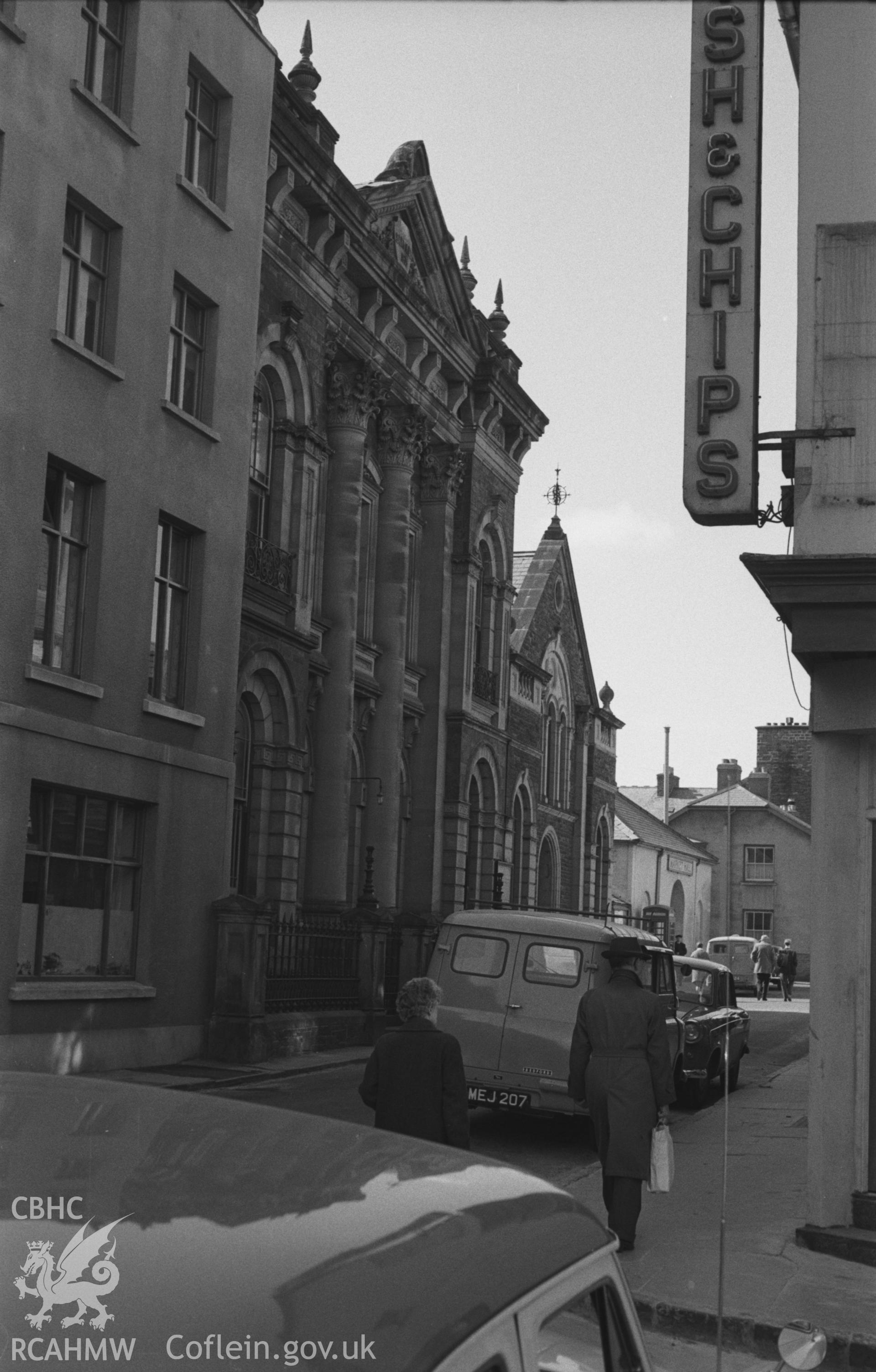 Black and White photograph showing St Pauls Welsh Methodist chapel, Great Darkgate Street, Aberystwyth. Photographed by Arthur Chater, March 1961. Taken from grid reference: SN 5821 8161, looking south west.