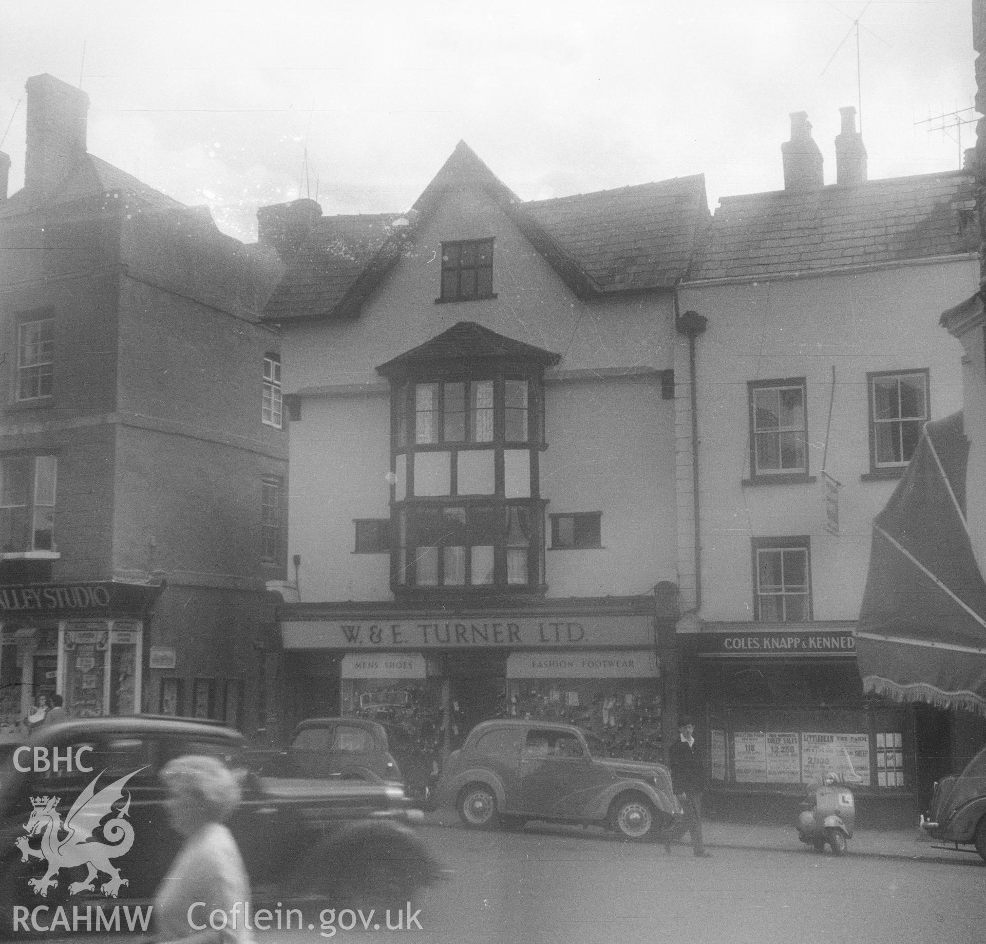 Digital copy of a black and white nitrate negative, exterior view of half-timbered house in Monnow Street, Monmouth.