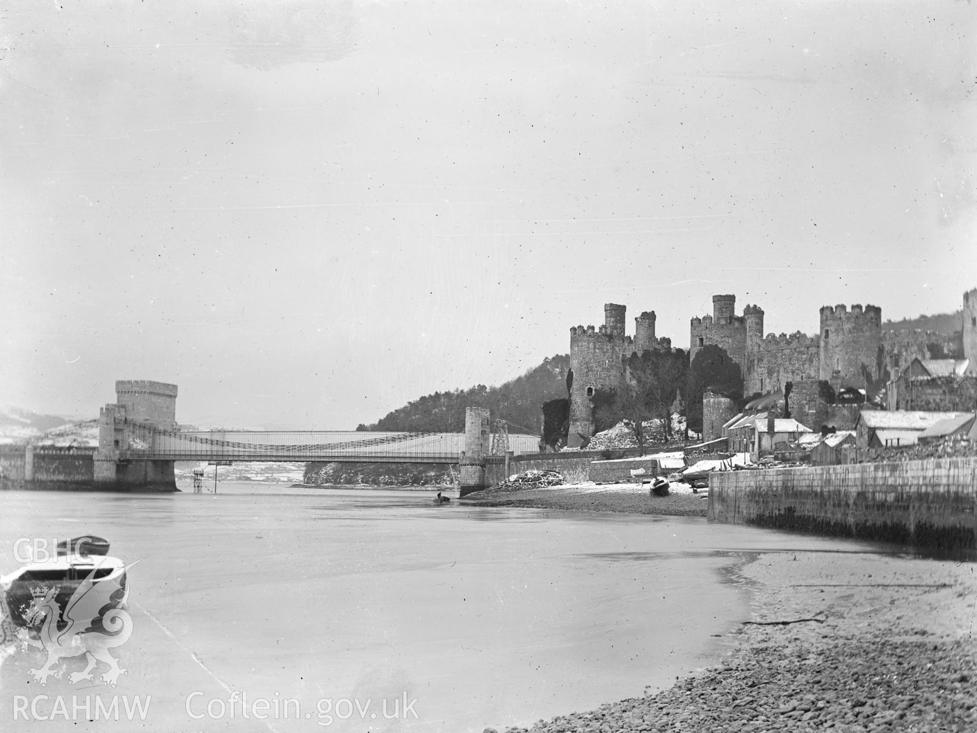 Digital copy of a glass plate showing view of Conwy Castle from the river, taken by Manchester-based amateur photographer A. Rothwell, 1890-1910