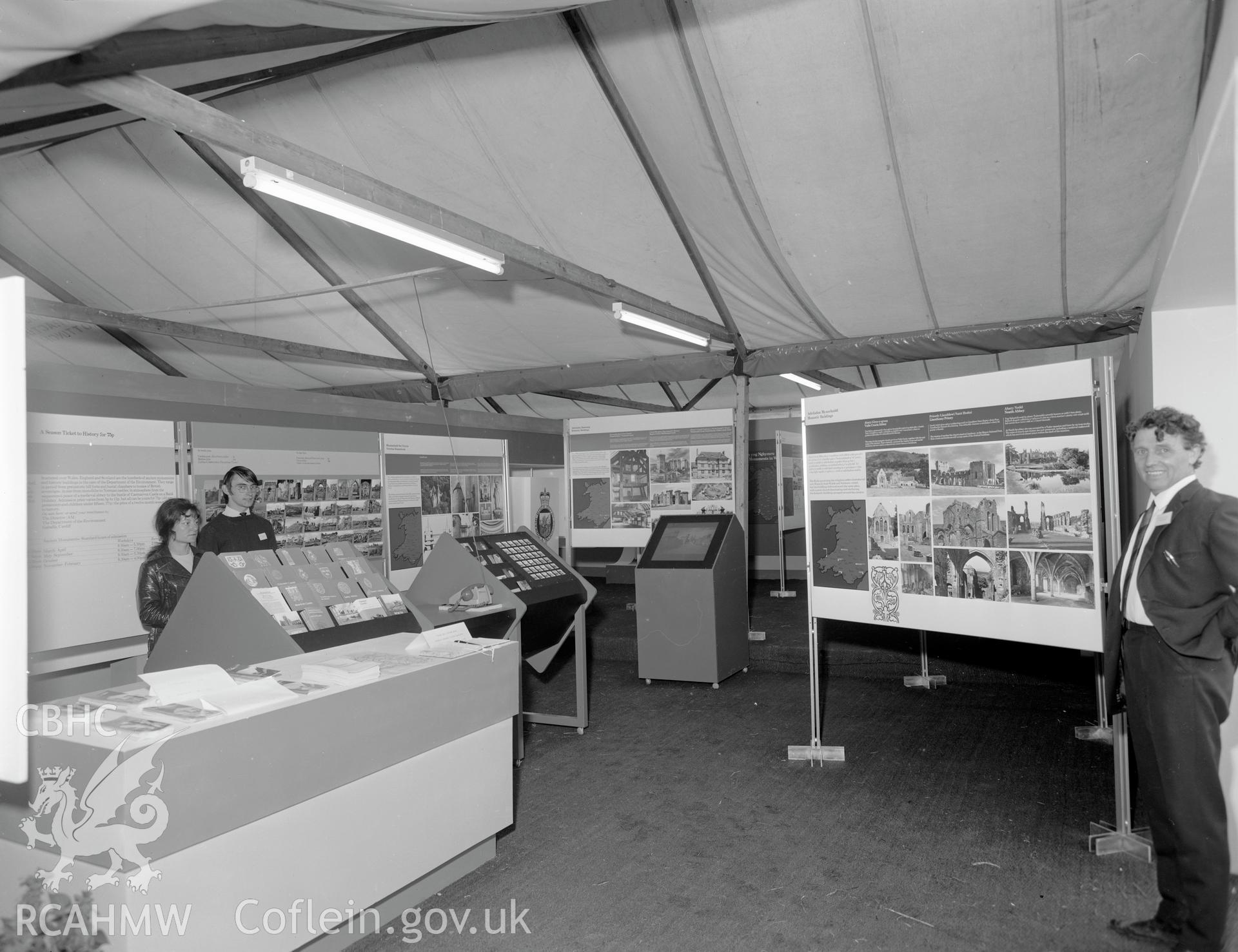 Digitised copy of a black and white negative showing Ancient Monuments Exhibition, Welsh Tourer, Haverfordwest (Eisteddfod Site).