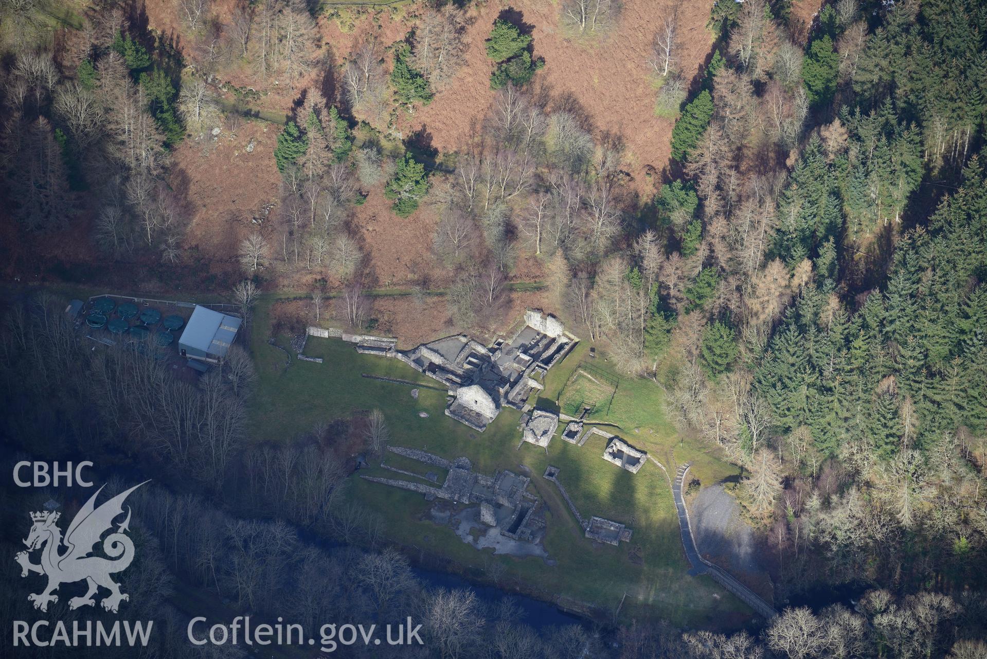 Bryntail or Glyn lead mine, on the southern banks of Llyn Clywedog reservoir, north west of Llanidloes. Oblique aerial photograph taken during the Royal Commission's programme of archaeological aerial reconnaissance by Toby Driver on 4th February 2015.