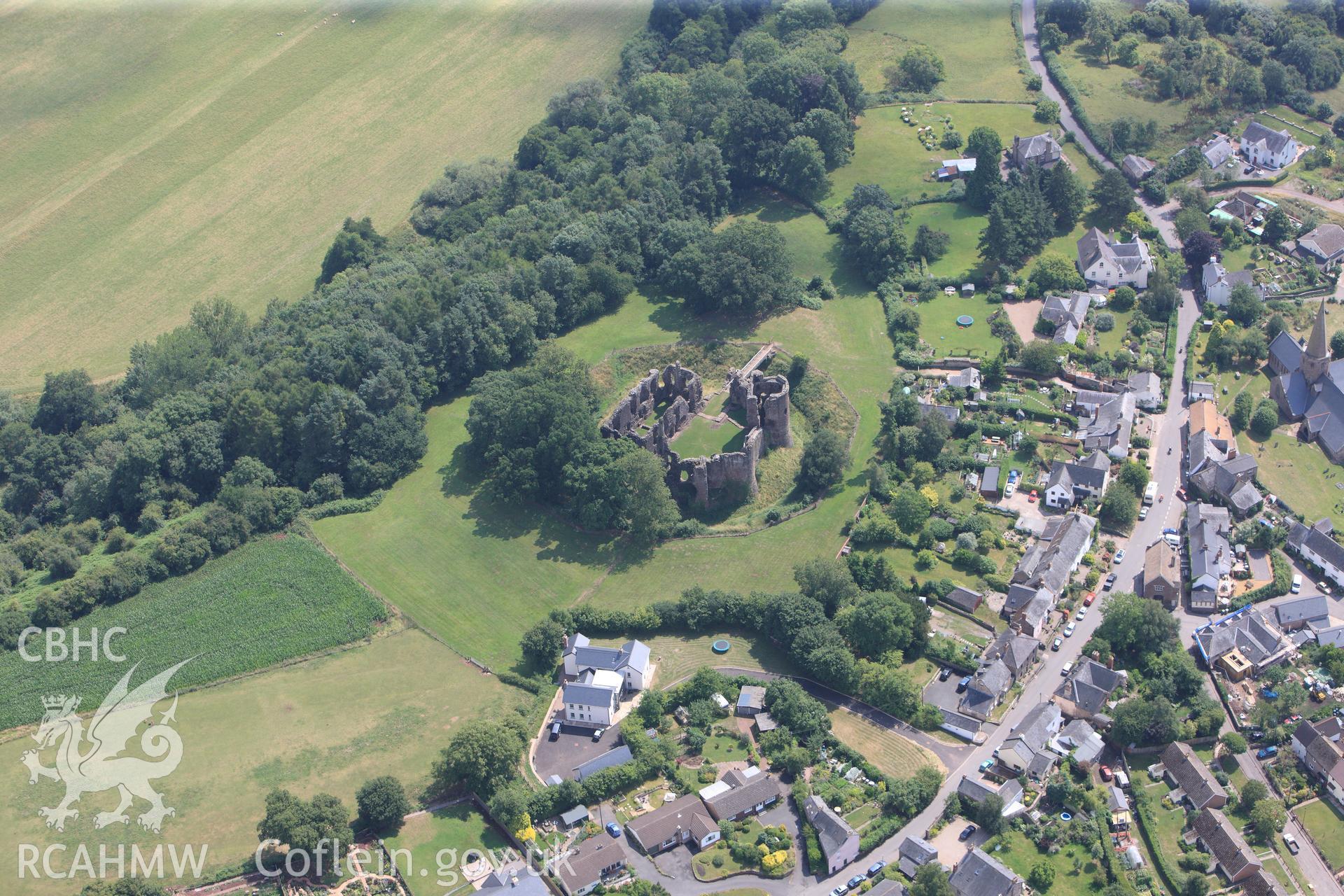 Grosmont Castle, in the town of Grosmont, north east of Abergavenny. Oblique aerial photograph taken during the Royal Commission?s programme of archaeological aerial reconnaissance by Toby Driver on 1st August 2013.