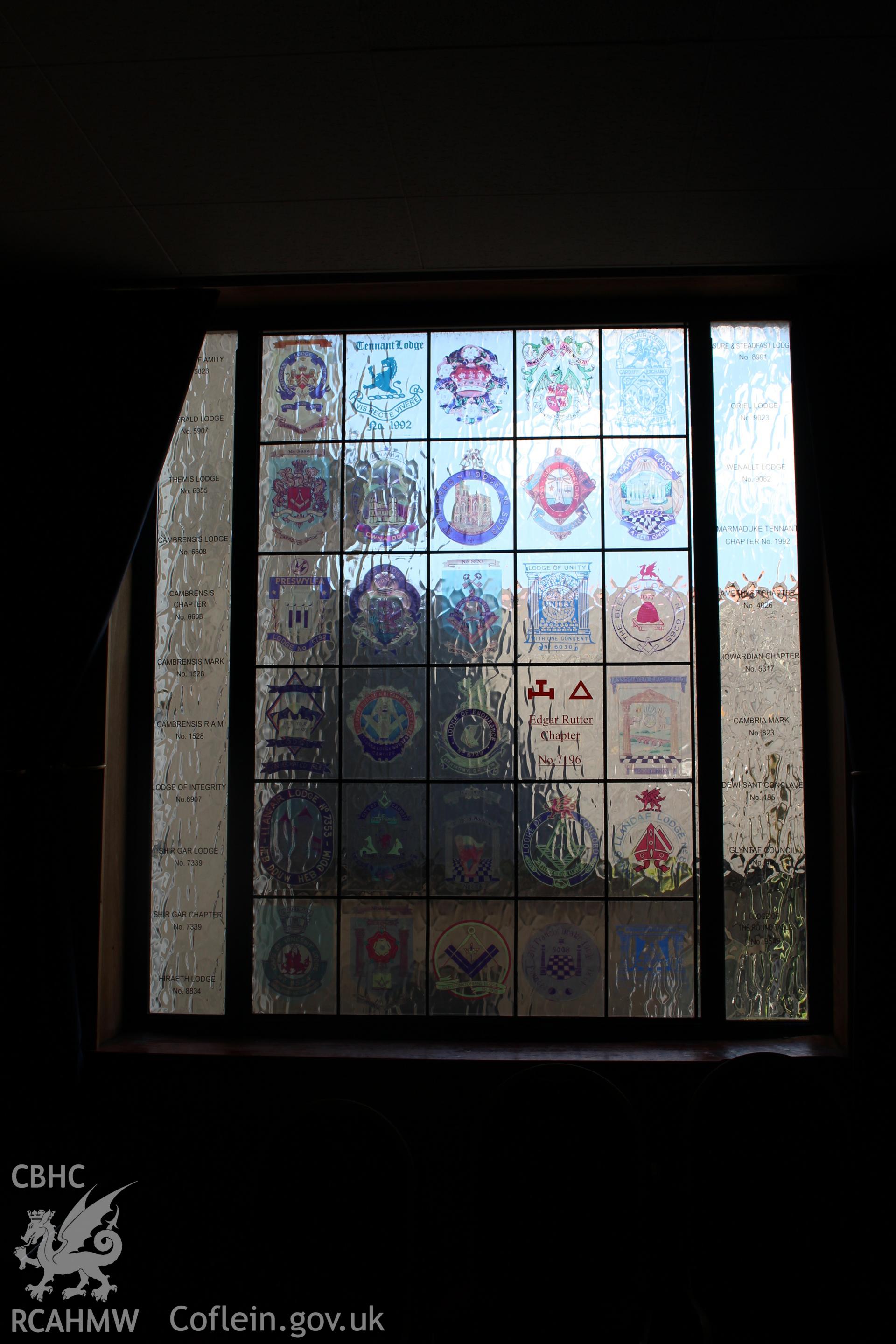 Detailed view of former stained glass window at United Free Methodist Church, now a Masonic Temple, in Cardiff. Photograph taken during survey conducted by Sue Fielding of the RCAHMW, 11th March 2019.