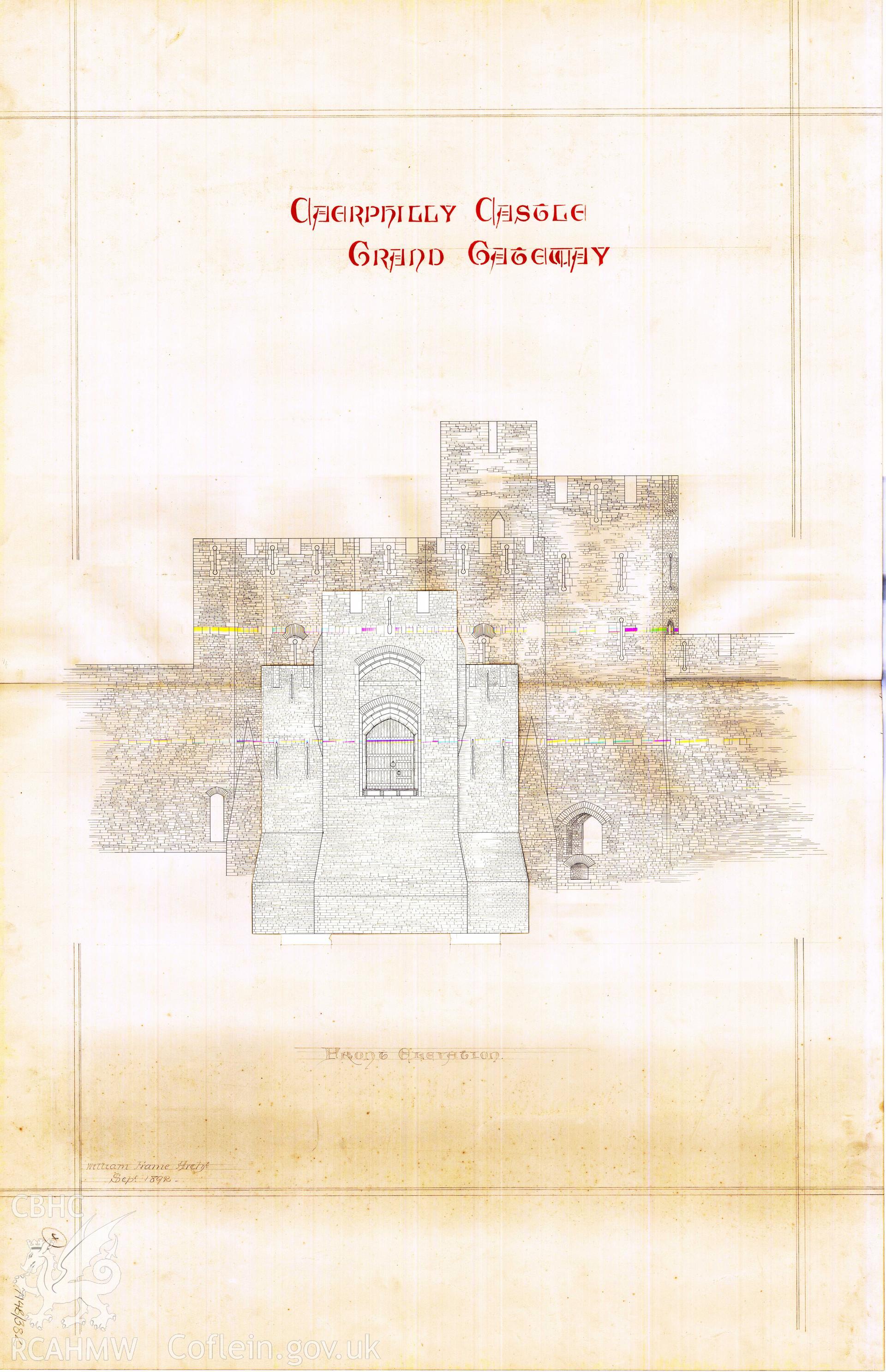 Cadw guardianship monument drawing of Caerphilly Castle. Grand Gateway Elevations Cadw Ref. No:714B/382b. Scale 1:96.