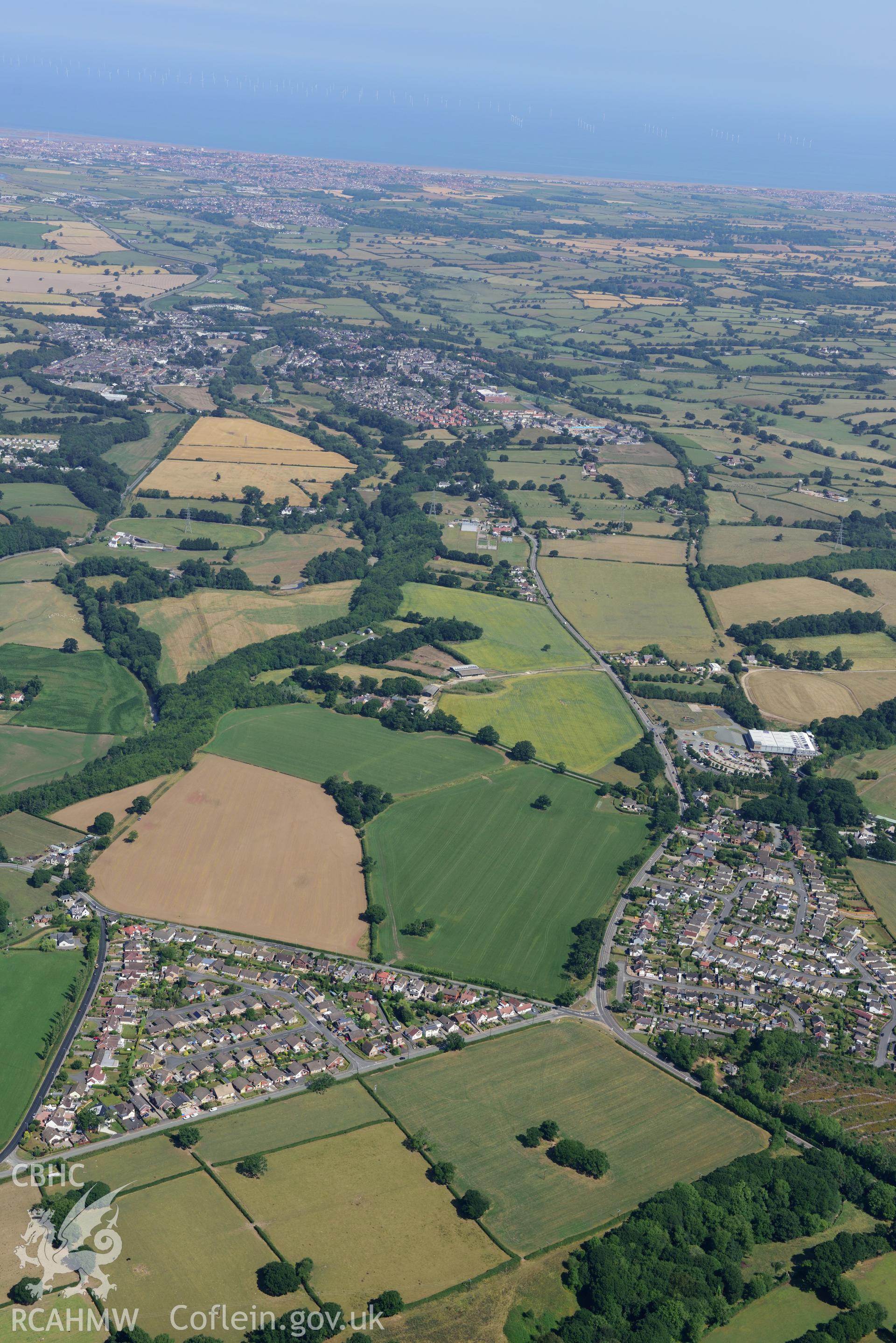 Royal Commission aerial photography of St Asaph, showing a landscape view from the south-west, taken on 19th July 2018 during the 2018 drought.