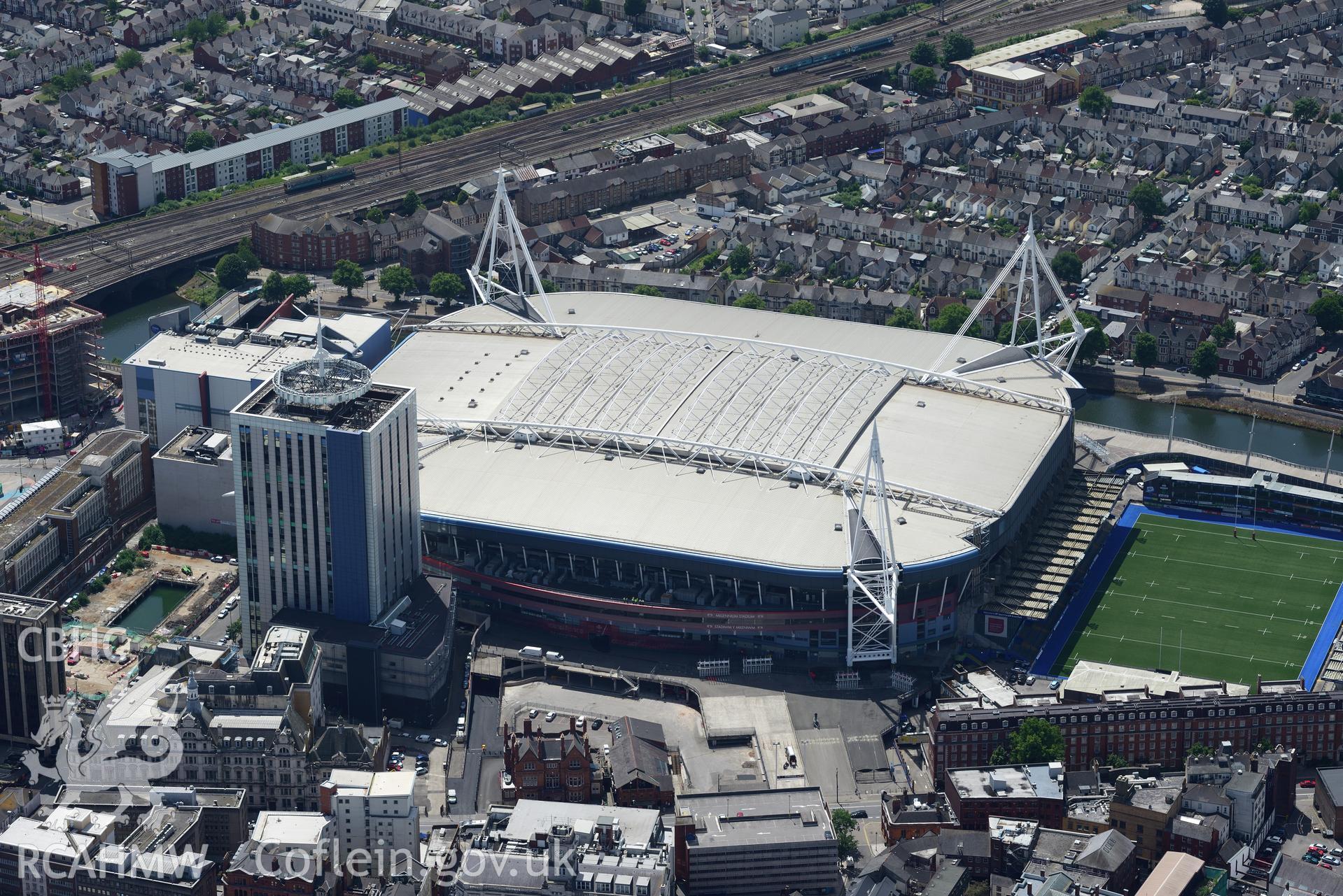 Cardiff Arms Park and the Millennium Stadium, Cardiff. Oblique aerial photograph taken during the Royal Commission's programme of archaeological aerial reconnaissance by Toby Driver on 29th June 2015.