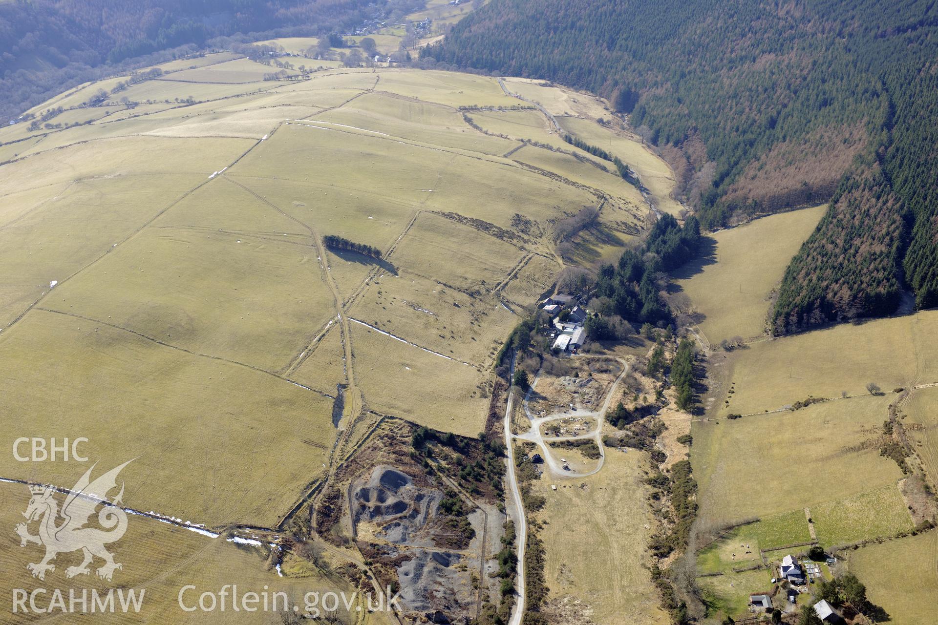 East Darren lead mine, part of the larger Cwmsymlog lead mine, Cwmsymlog, north of Goginan, Aberystwyth. Oblique aerial photograph taken during the Royal Commission's programme of archaeological aerial reconnaissance by Toby Driver on 2nd April 2013.
