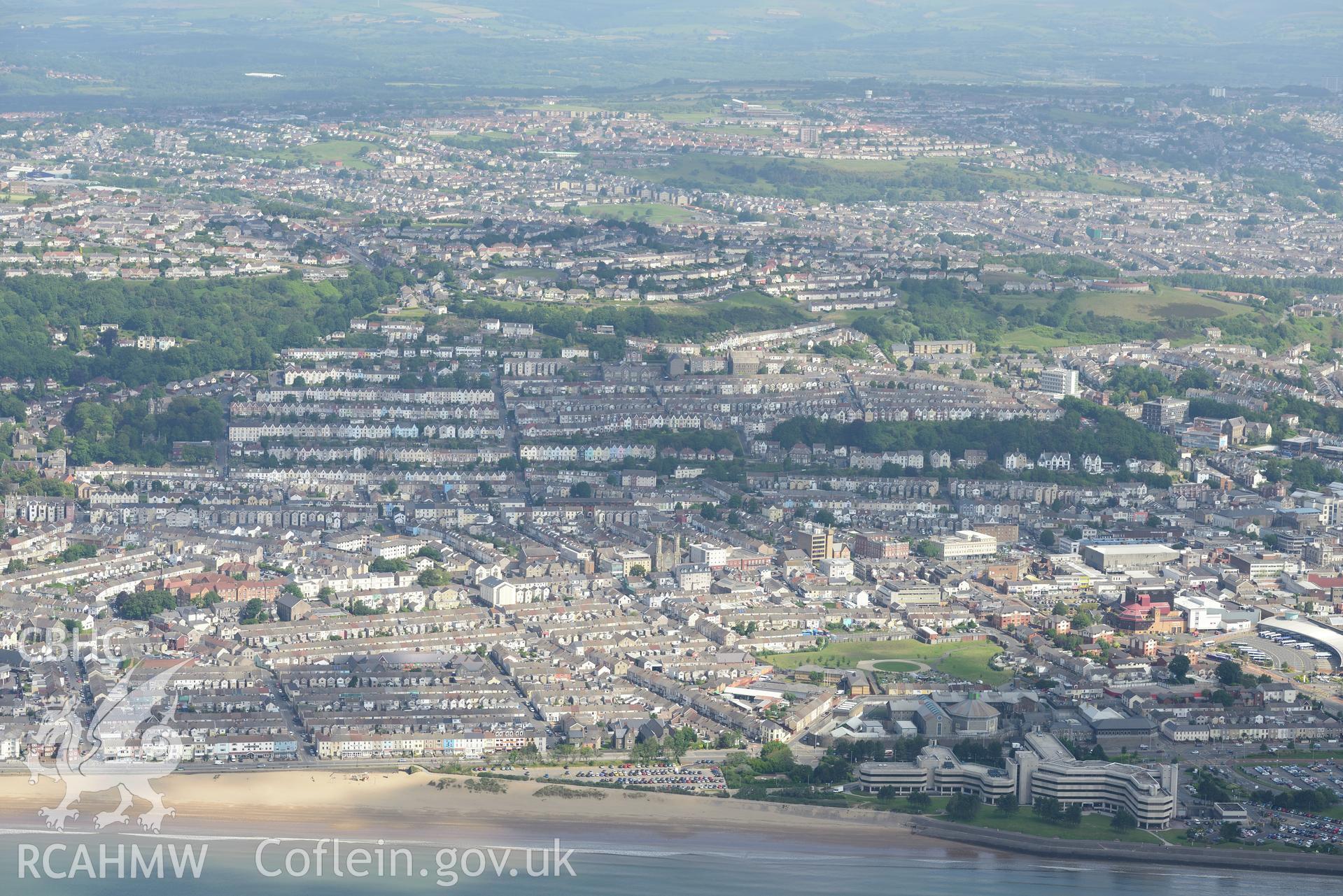 Views of the Vetch Field (football ground), Swansea County Hall and Swansea prison, taken from Swansea Bay. Oblique aerial photograph taken during the Royal Commission's programme of archaeological aerial reconnaissance by Toby Driver on 19th June 2015.