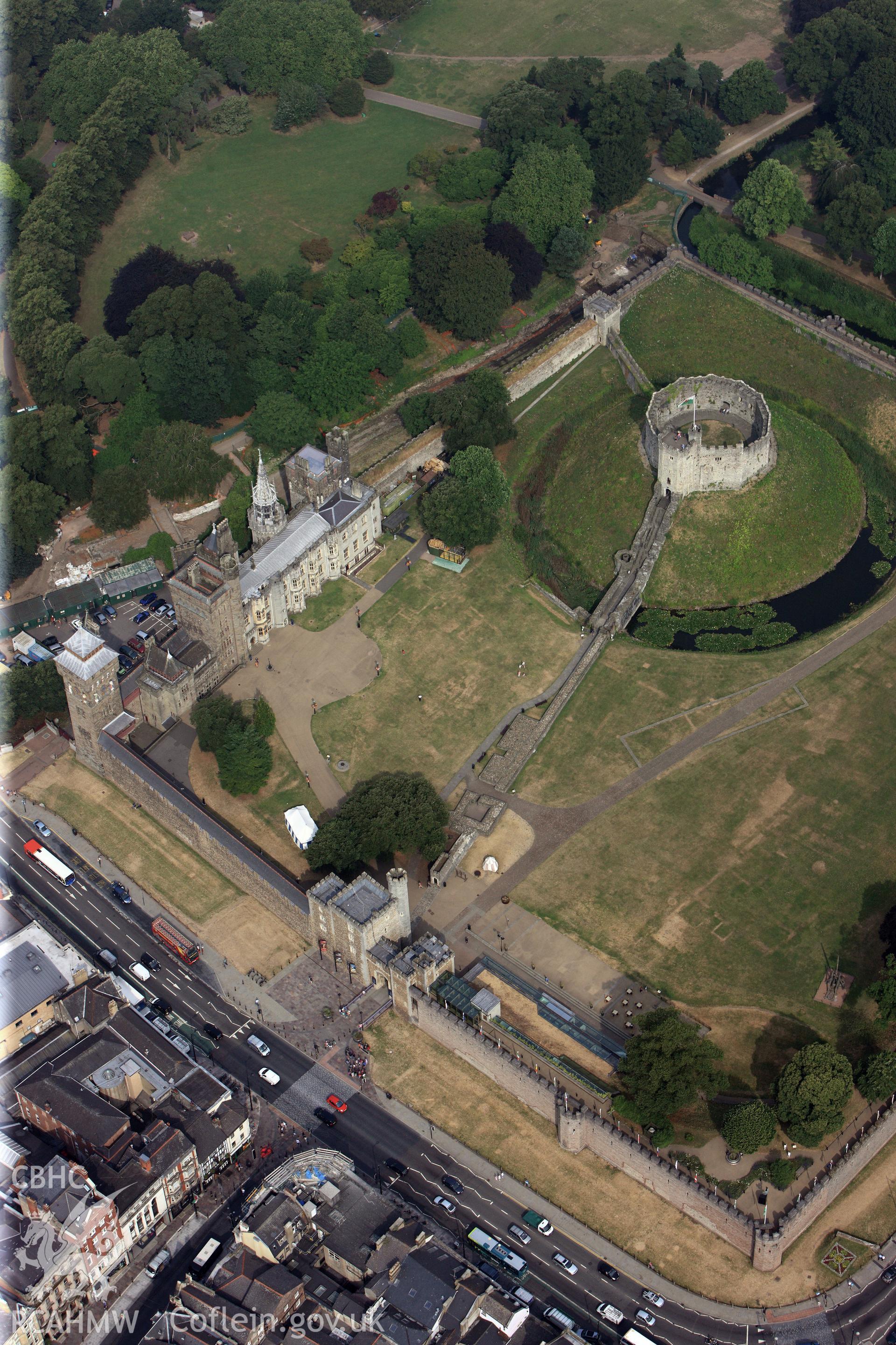 Royal Commission aerial photography of Cardiff Castle taken during drought conditions on 22nd July 2013, showing internal parchmarks.