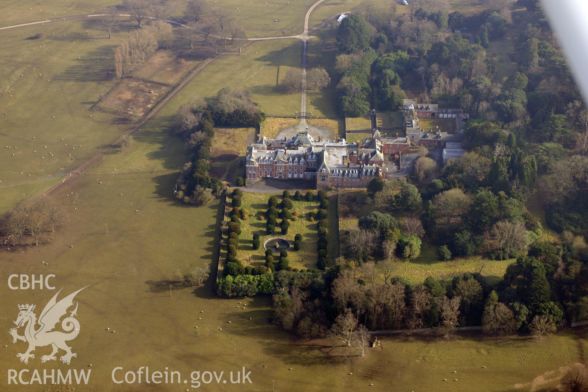Kinmel Park hall, garden, Venetian garden and stables, Bodelwyddan, between Abergele and St. Asaph. Oblique aerial photograph taken during the Royal Commission?s programme of archaeological aerial reconnaissance by Toby Driver on 28th February 2013.