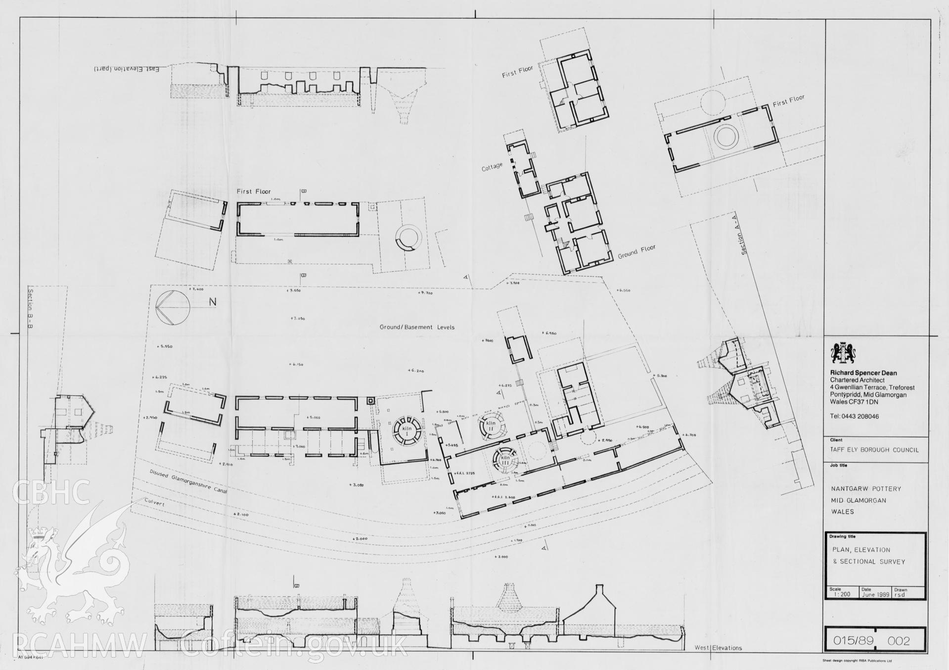 Digital copy of a measured dyeline drawing showing plan, elevation and sectional survey of Nantgarw Pottery, produced by Richard Spencer Dean for Taff Ely Borough Council.