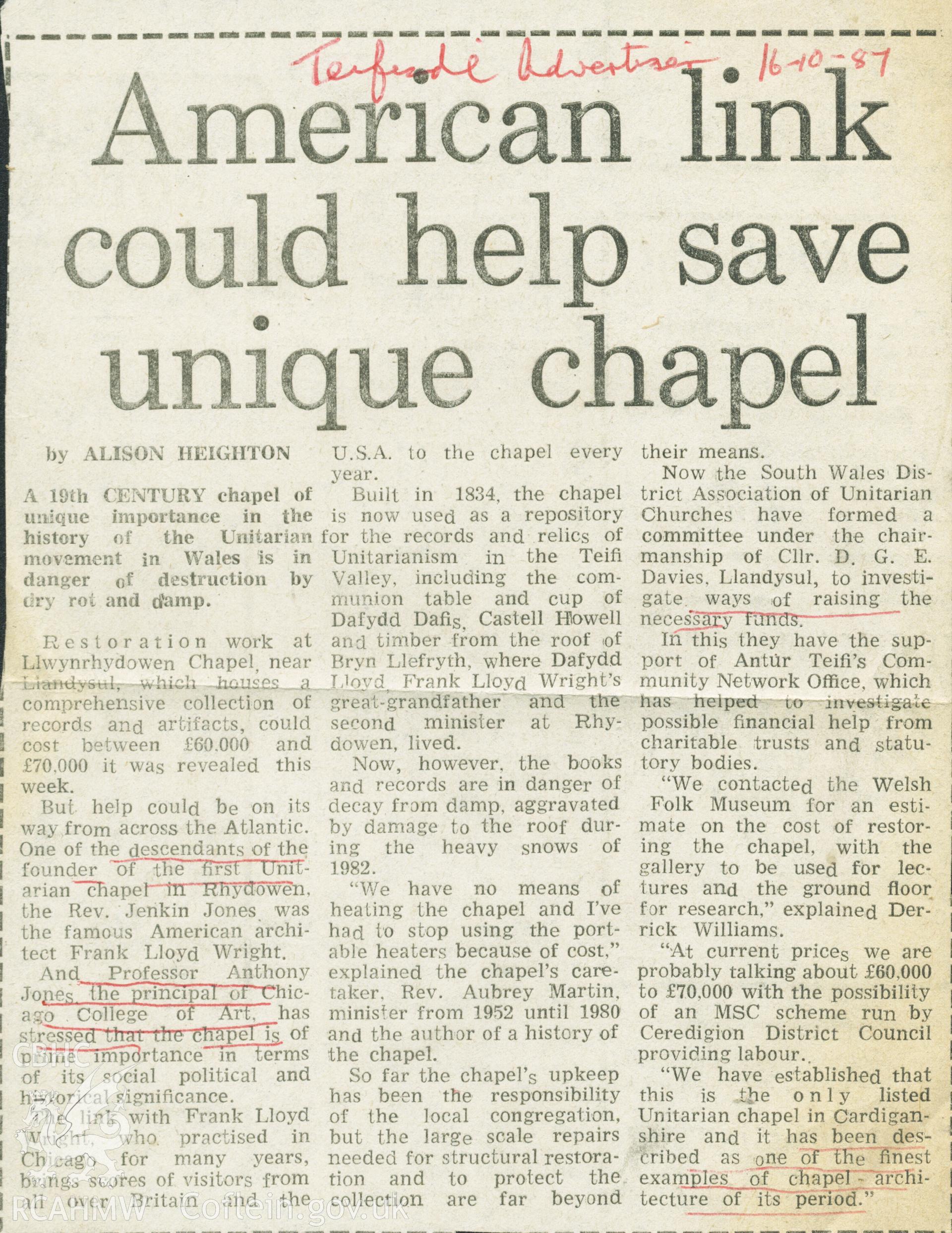 Article from the Telford Advertiser, 16th October 1987 entitled 'American link could help save unique chapel.' Donated to the RCAHMW during the Digital Dissent Project.