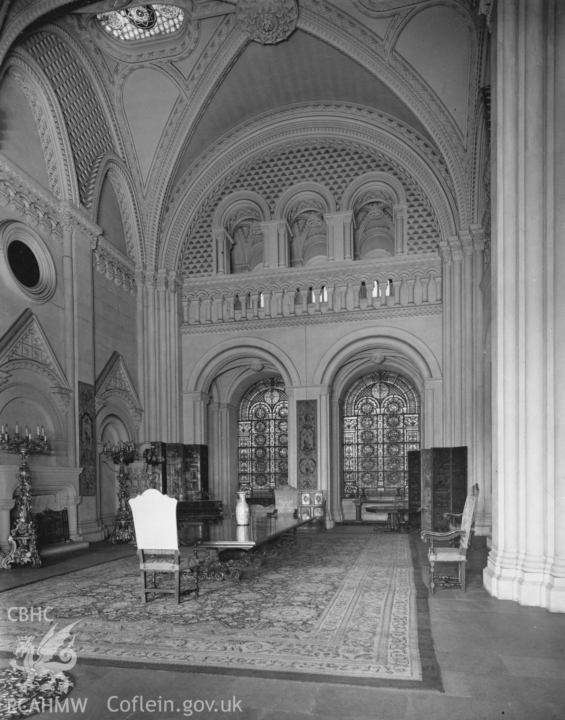 Digital  copy of a 1953 photo by A.F. Kersting showing the entrance hall at Penrhyn Castle.