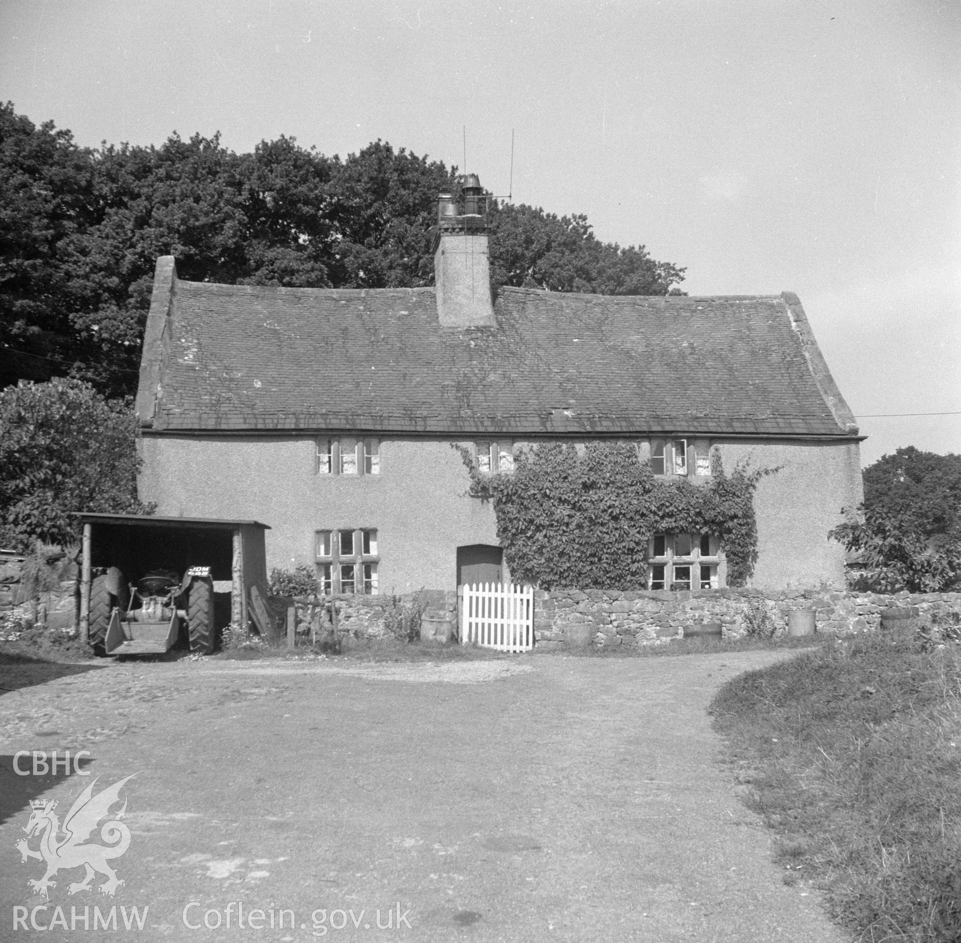 Digital copy of a black and white nitrate negative, exterior view of front elevation of Coed-y-Cra Uchaf.