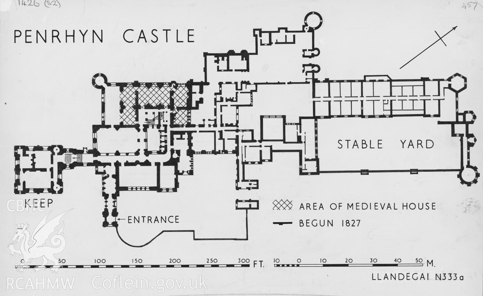Digital copy of RCAHMW drawing (ink on linen) showing plan of Penrhyn Castle, Llandegai, as published in Caerns Inventory Vol III, fig 122.