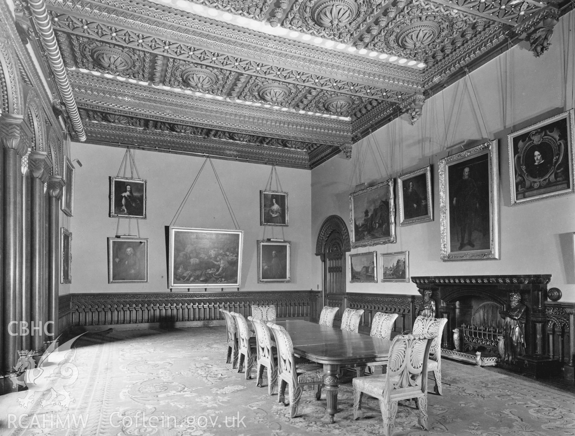 Digital  copy of a 1953 photo by A.F. Kersting showing the dining room at Penrhyn Castle by A F Kersting taken 1953. nprn 16687. site file CA Dom SH67.