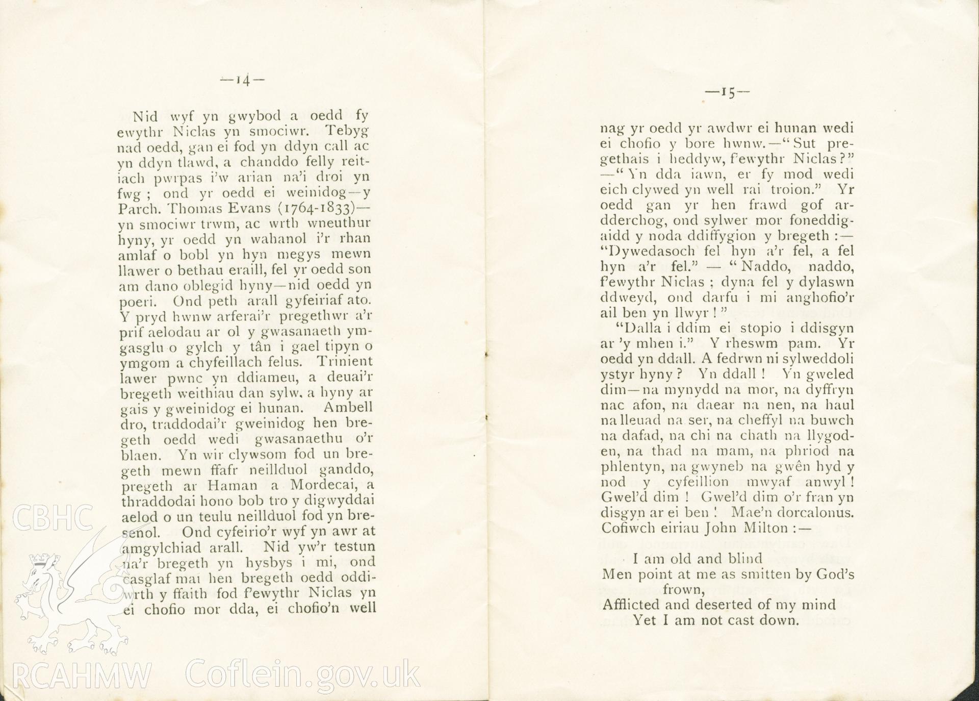 Copy of a biography of Niclas Shams, taken from a presentation to the Hen Dy Cwrdd Self Improvement Society, printed in 1913. Donated to the RCAHMW during the Digital Dissent Project.