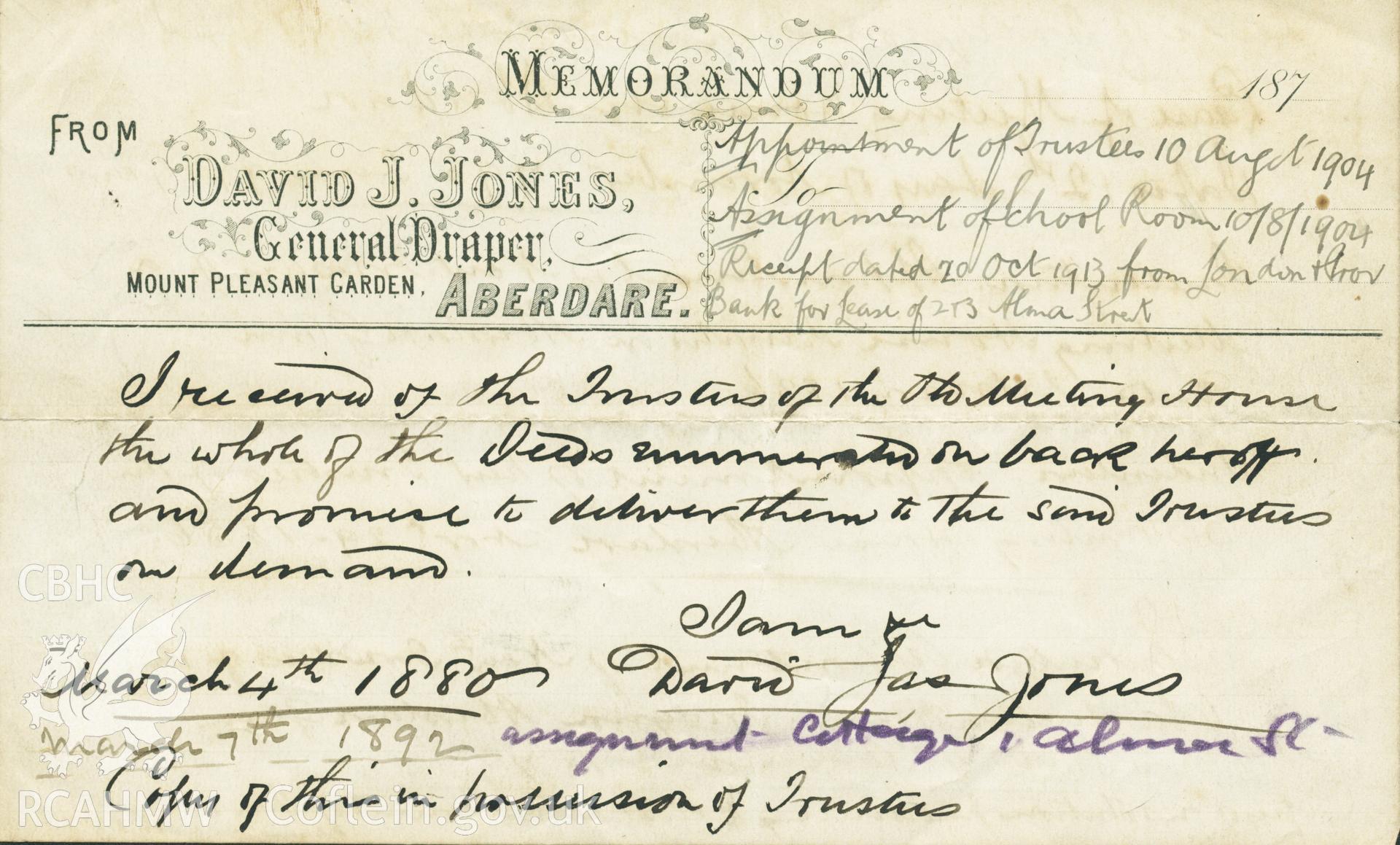 Memorandum from David J. Jones, General Draper, Mount Pleasant Garden, Aberdare, dated 4th March 1880 and 7th March 1892. Donated to the RCAHMW during the Digital Dissent Project.