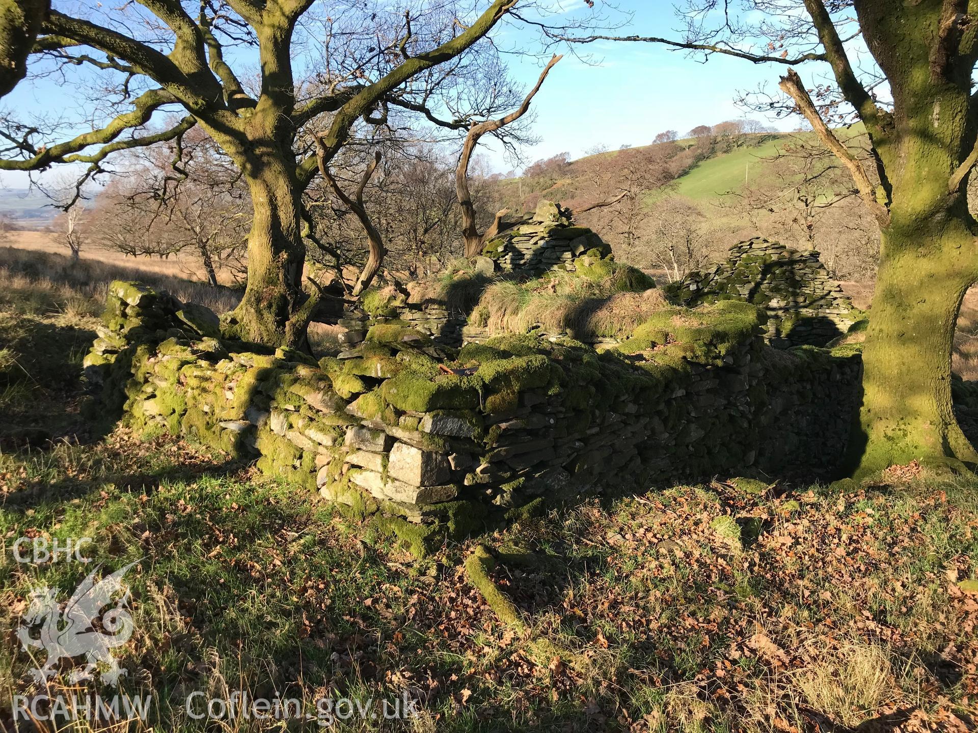 Exterior view of a small stone cottage or outbuilding south of the ruined Castell, which is south west of Bryneithinog farm, Ystrad Fflur. Colour photograph taken by Paul R. Davis on 18th November 2018.