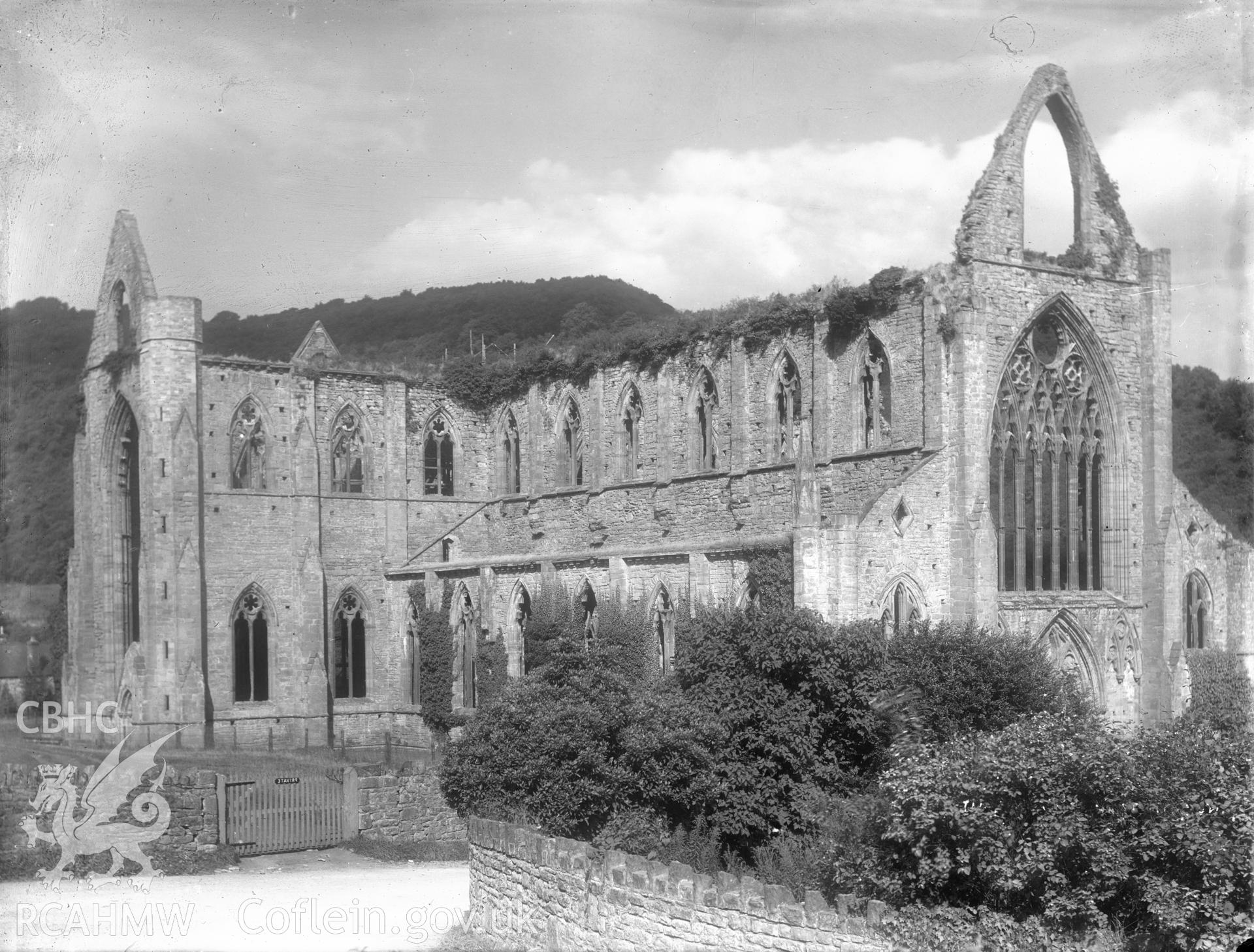 Digital copy of a glass negative showing general view of Tintern Abbey.