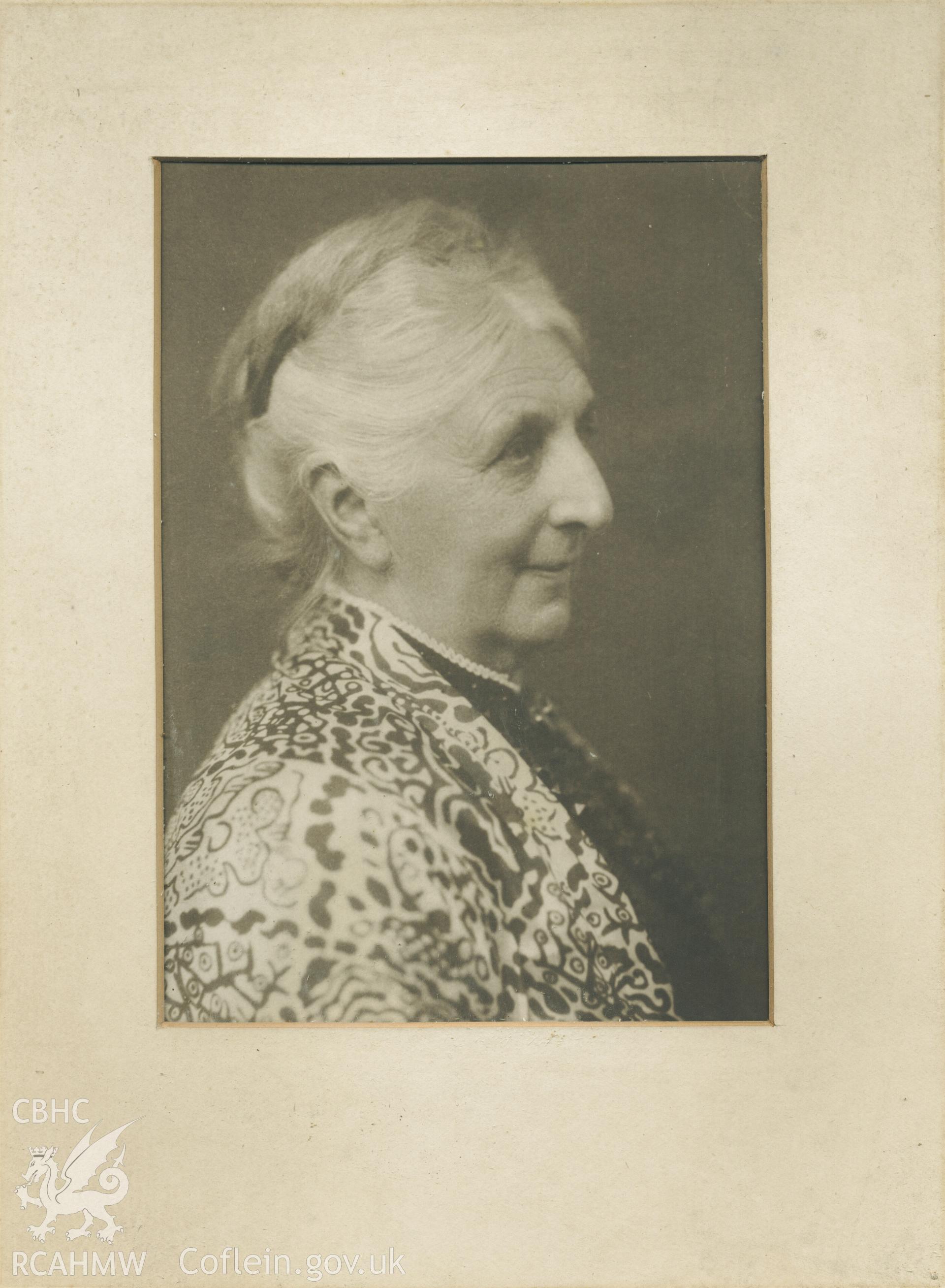 Black and white photograph of Mrs Jones (Gelli-yr-Halen) - she laid the foundation stone for the new chapel (chosen because she was the oldest member). She used to pay for the annual tea . Donated to the RCAHMW during the Digital Dissent Project.