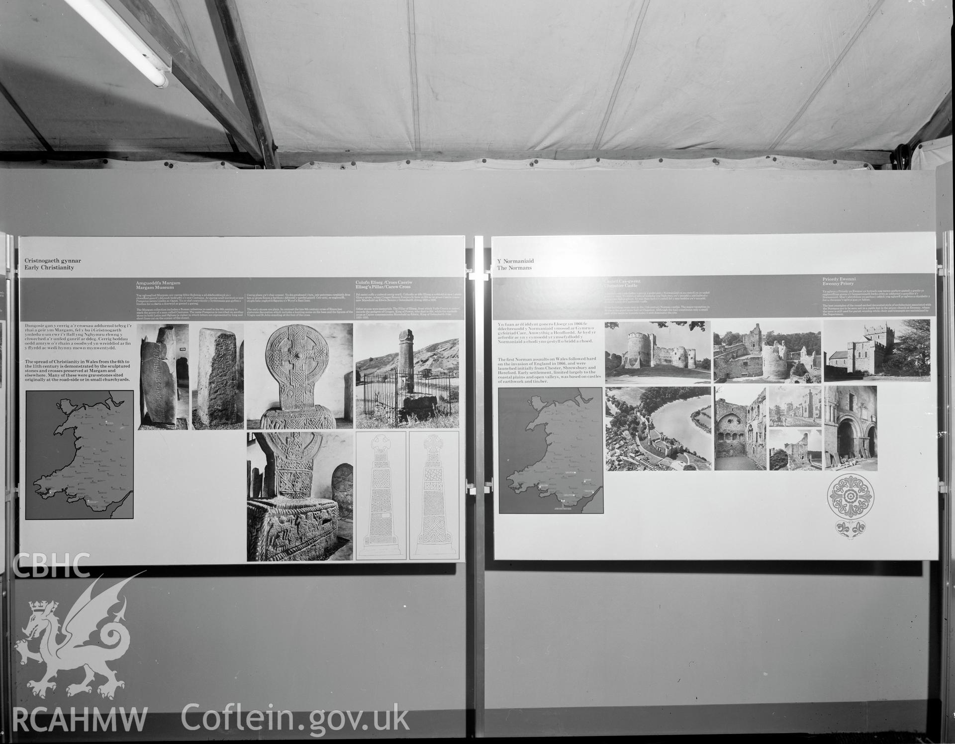 Digitised copy of a black and white negative showing Ancient Monuments Exhibition, Welsh Tourer, Haverfordwest (Eisteddfod Site).