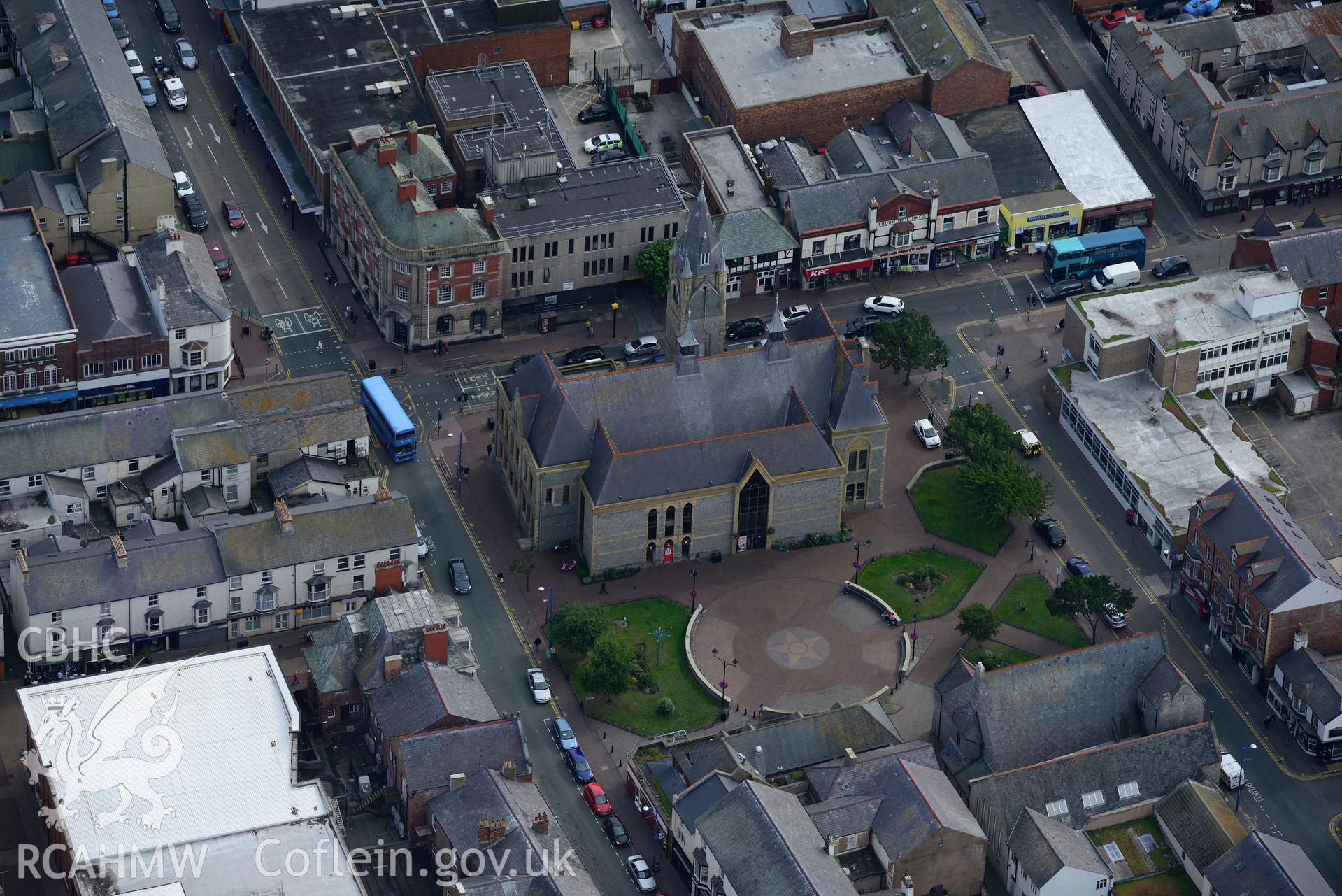Town Hall, Wellington Road, Rhyl. Oblique aerial photograph taken during the Royal Commission's programme of archaeological aerial reconnaissance by Toby Driver on 11th September 2015.