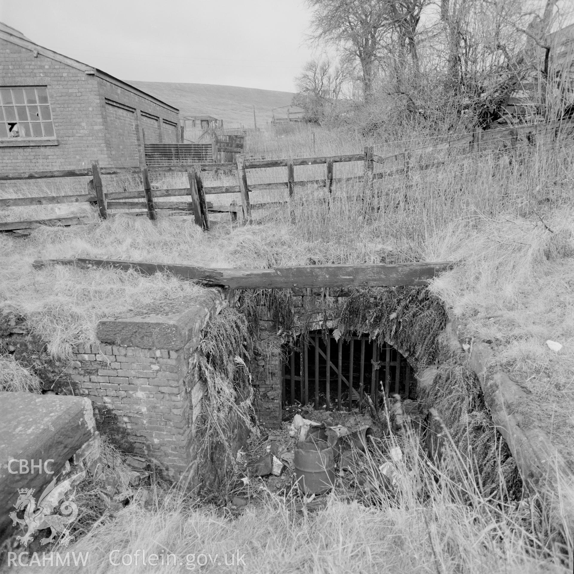 Digital copy of an acetate negative showing Kay's slope at Big Pit, close up of entrance, from the John Cornwell Collection.