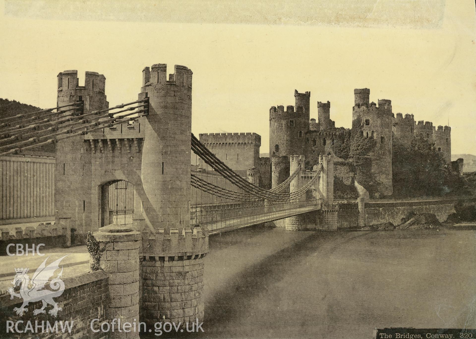Digital copy of an albumen print showing an early view of Conway Castle and Bridge.