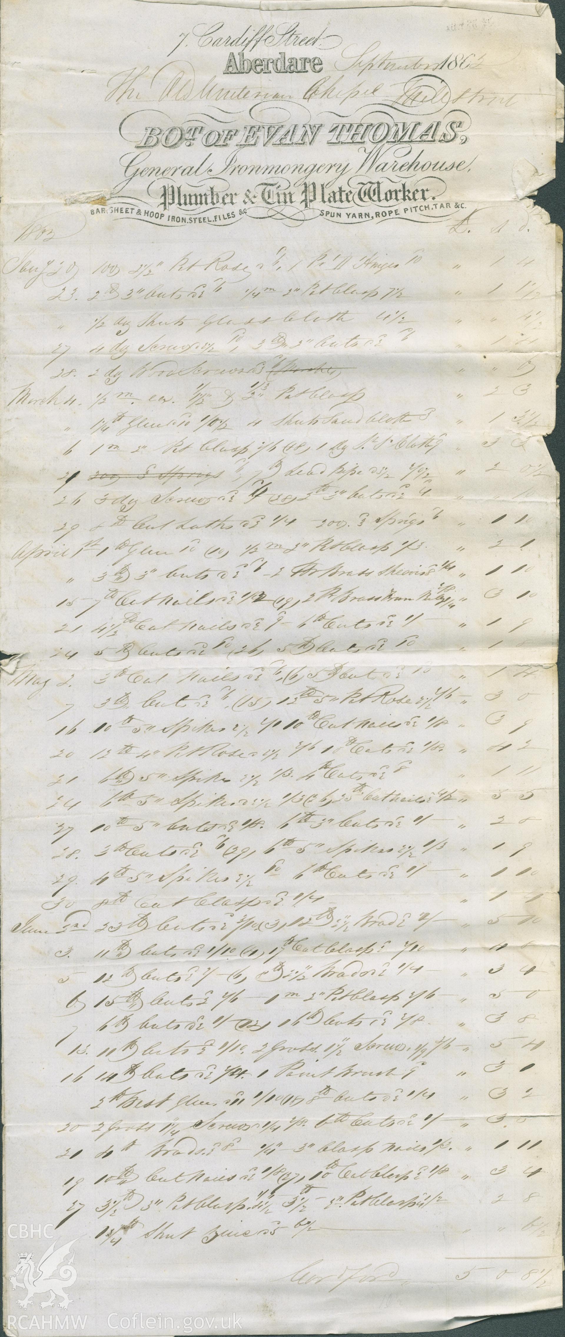Handwritten invoice of materials from Evan Thomas for yr Hen Dy Cwrdd, Aberdare, 1863. Donated by the Rev. Eric Jones to the RCAHMW as part of the Digital Dissent Project.