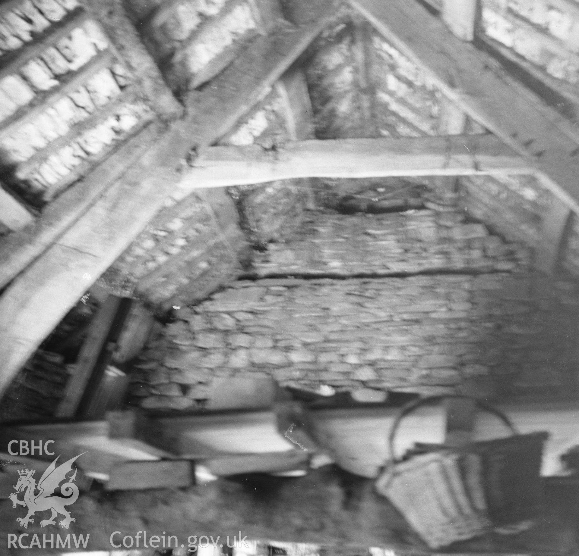 Digital copy of a black and white nitrate negative showing interior view of barn at Coed Mawr, Merioneth.