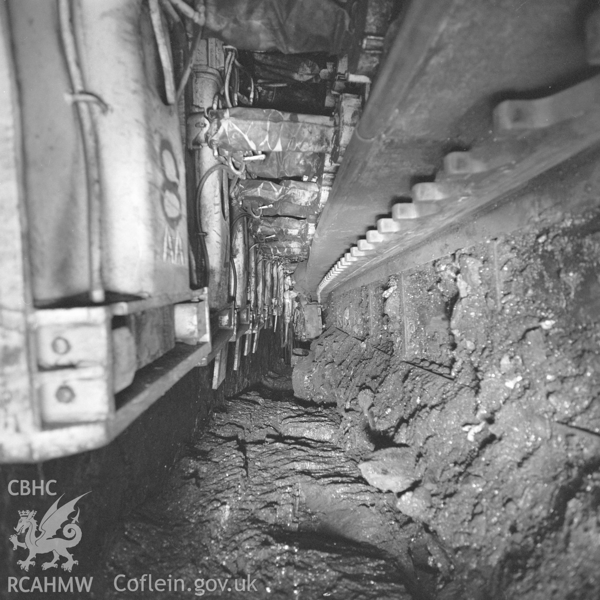 Digital copy of an acetate negative showing view along coal face at Blaenant Colliery, from the John Cornwell Collection.