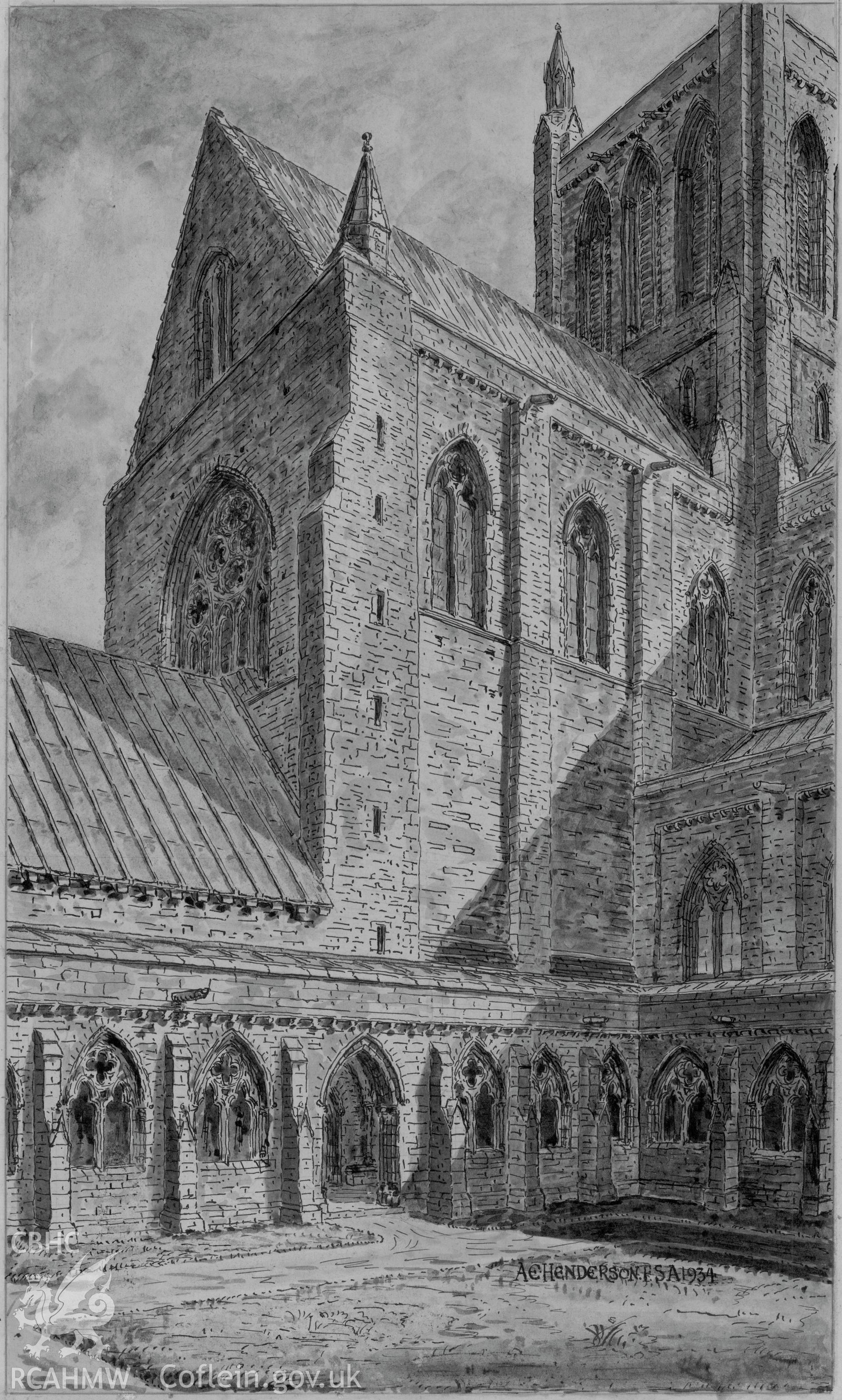 Digital copy of a conjectural reconstruction drawing of 'Tintern Abbey as Erected: Cloister & North Transept Exterior' produced by Arthur E. Henderson, 1934.