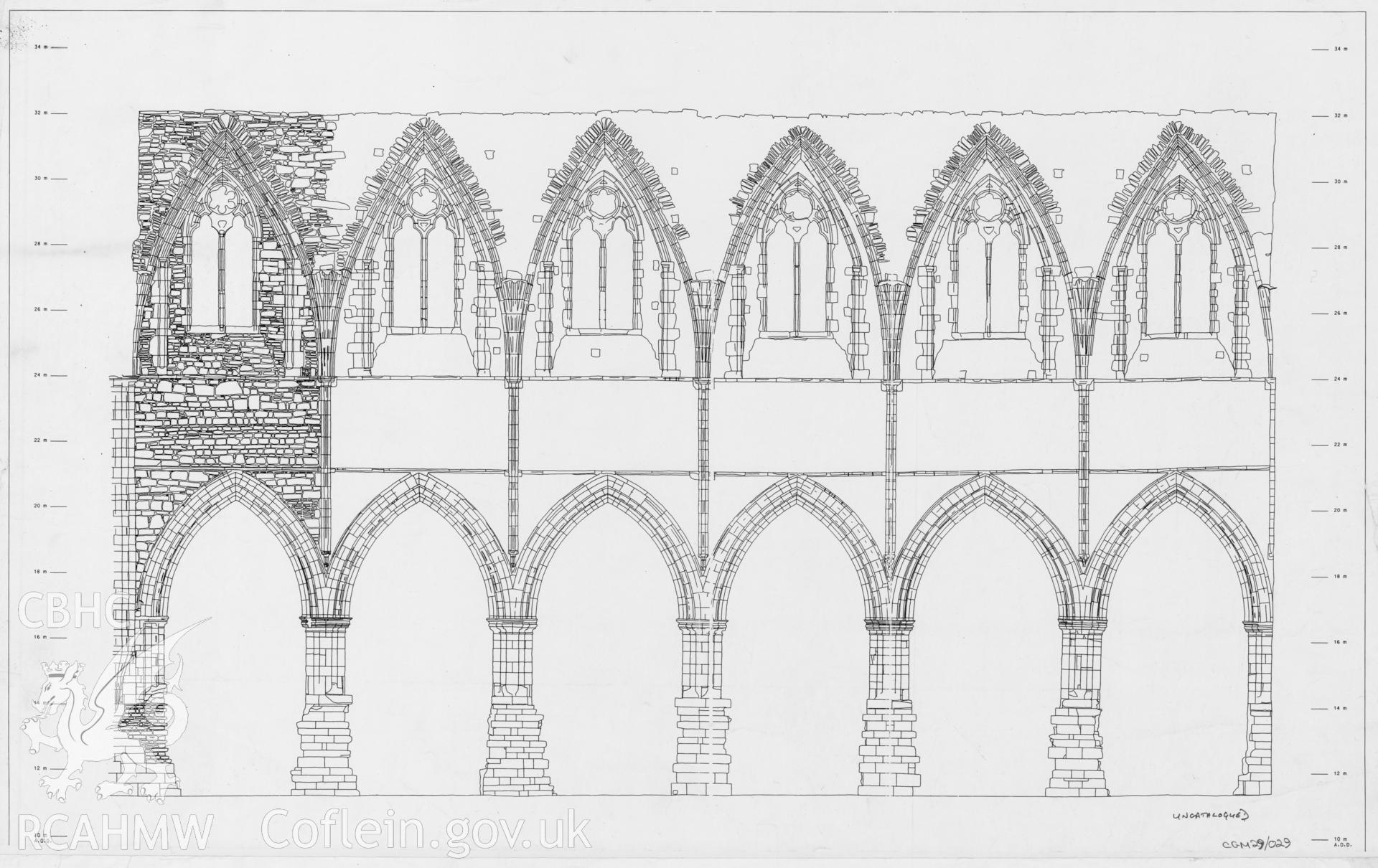 Digital copy of Cadw guardianship monument drawing of Tintern Abbey, elevation of part of the nave.