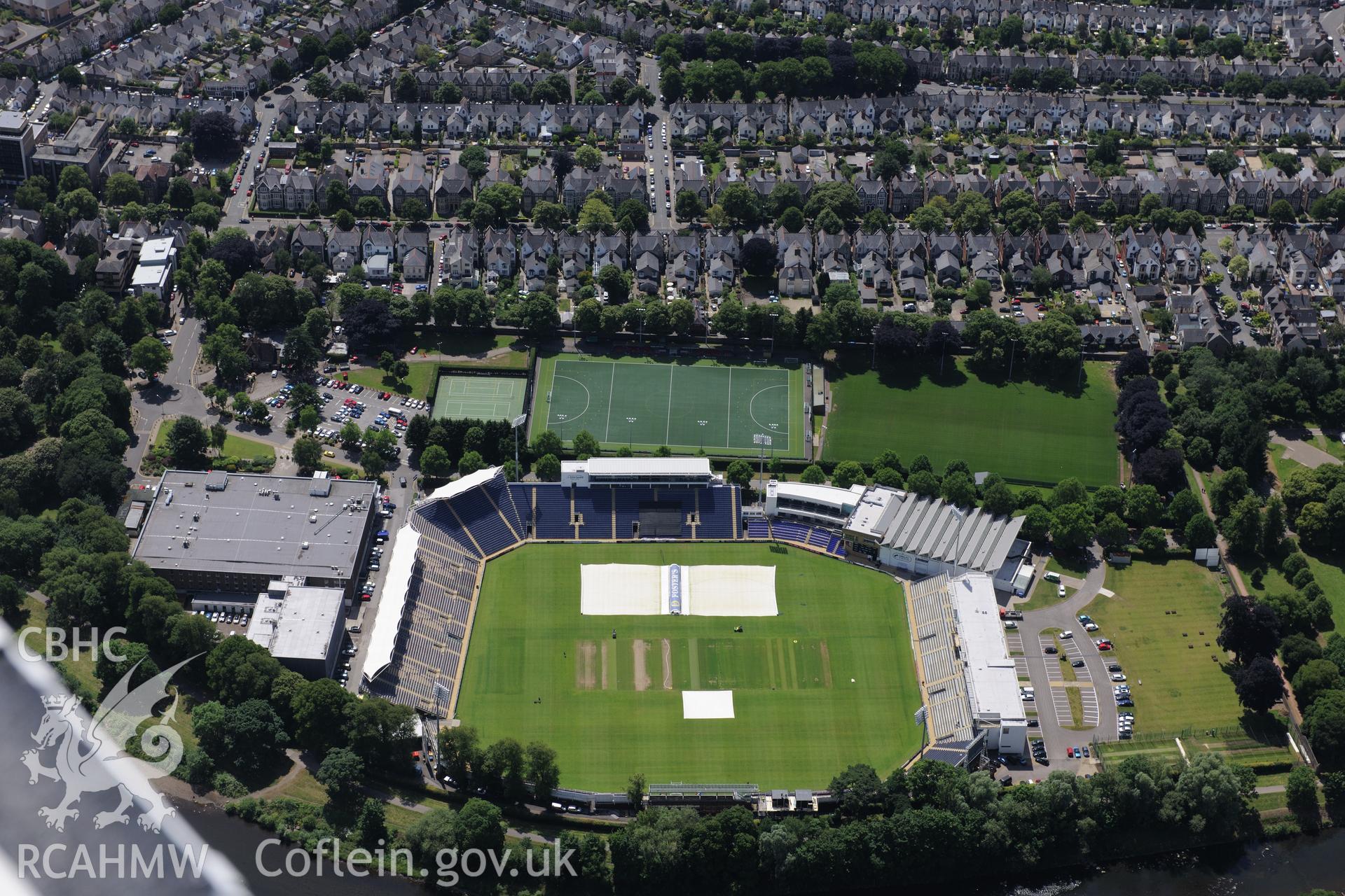 Sophia Gardens Cricket Ground, Cardiff. Oblique aerial photograph taken during the Royal Commission's programme of archaeological aerial reconnaissance by Toby Driver on 29th June 2015.