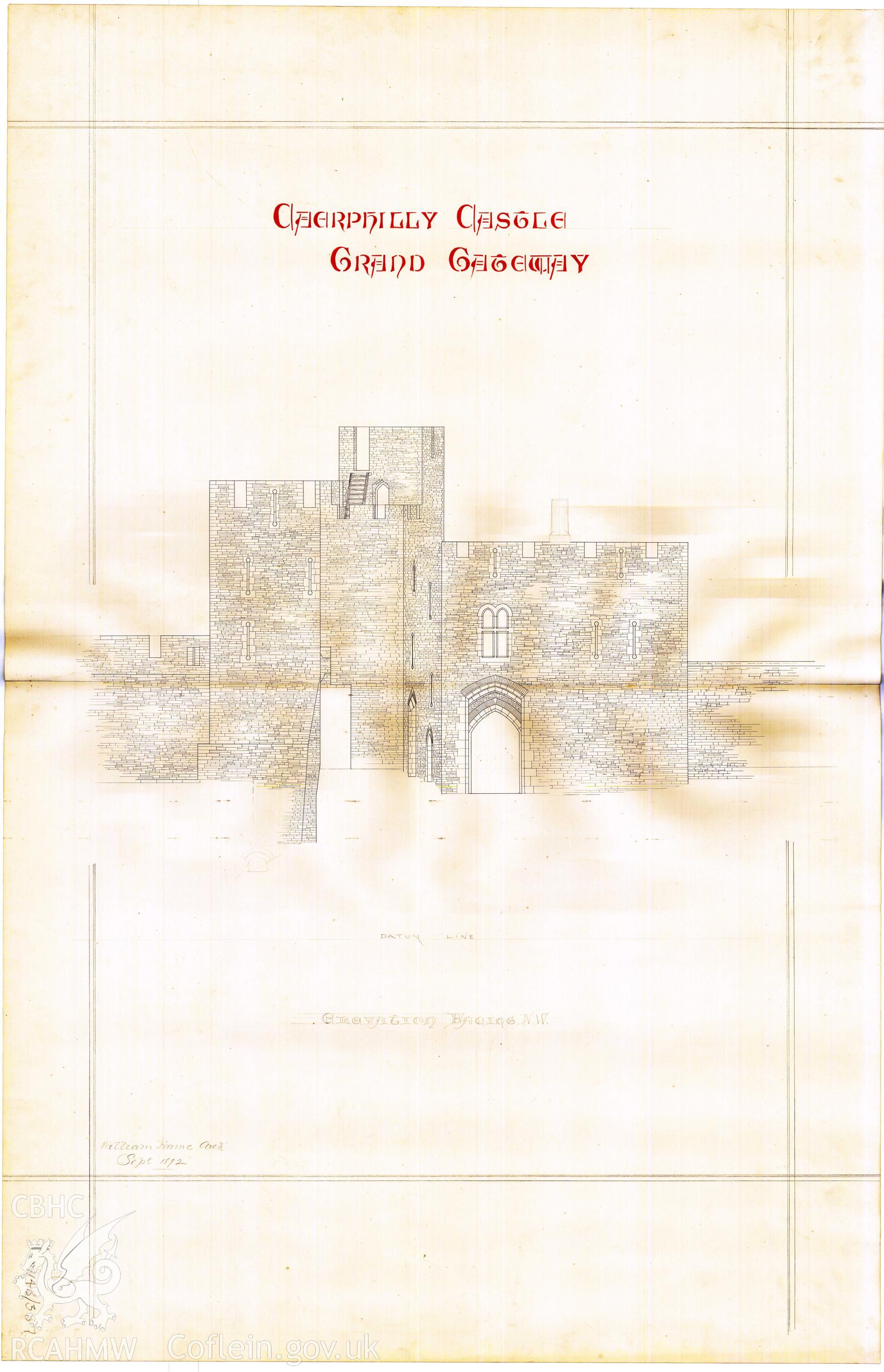Cadw guardianship monument drawing of Caerphilly Castle. Grand Gateway. Cadw Ref. No:714B/387. Scale 1:96.