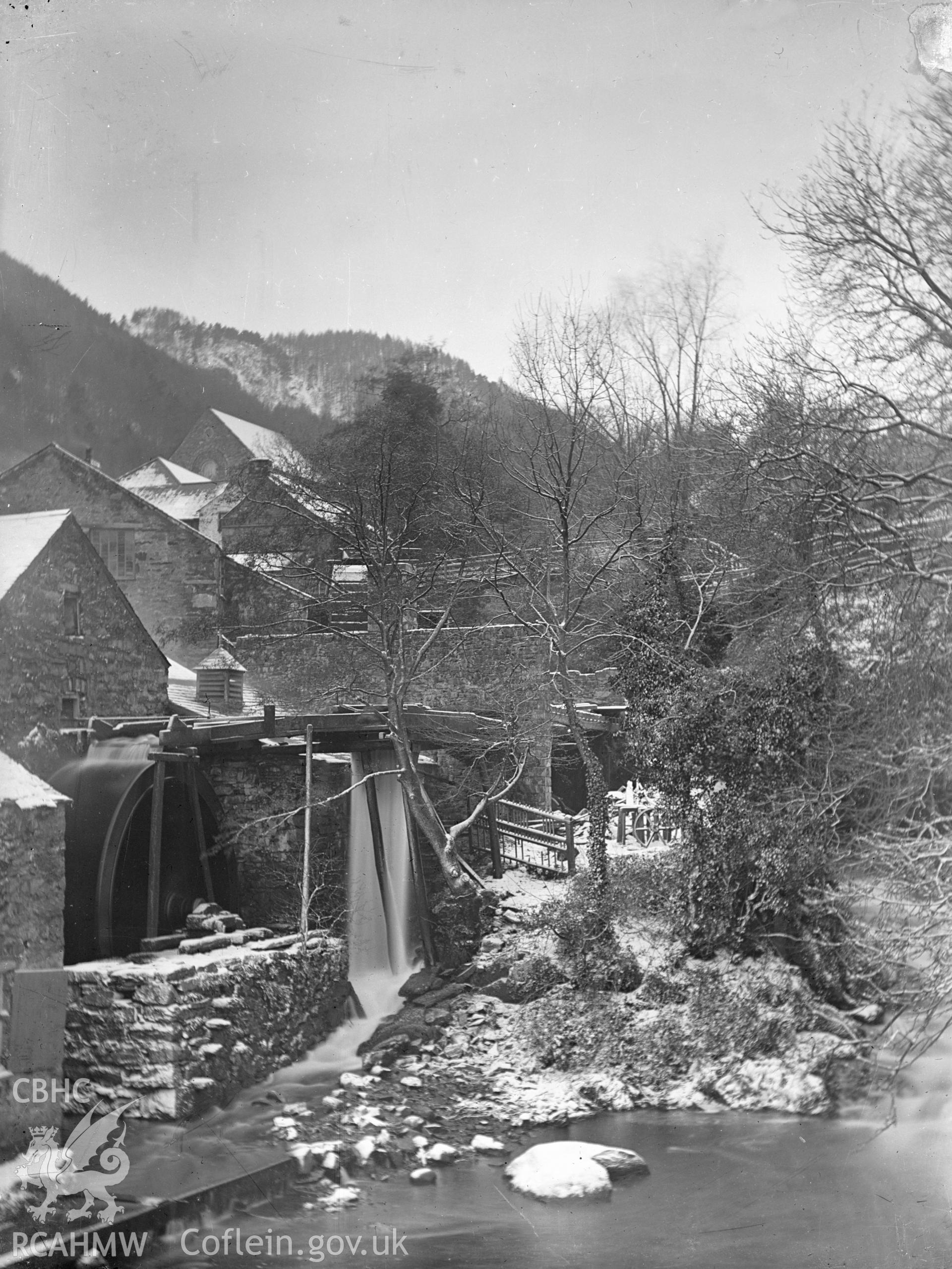 Digital copy of a glass plate showing view of watermill in the Fairy Glen at Trefriw, taken by Manchester-based amateur photographer A. Rothwell, 1890-1910