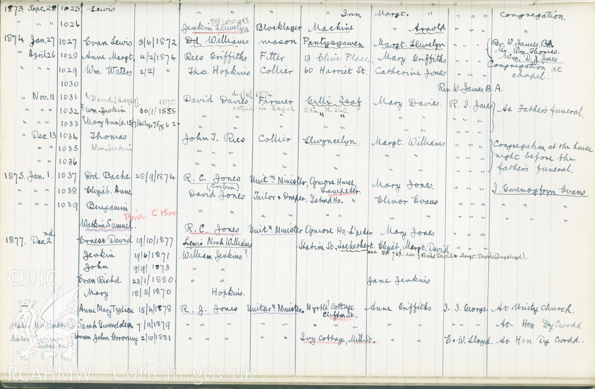 "Baptism Registered" book for Hen Dy Cwrdd, made between April 19th and 28th, 1941, by W. W. Price. Page listing baptisms from 28th September 1873 to 2nd December 1877. Donated to the RCAHMW as part of the Digital Dissent Project.