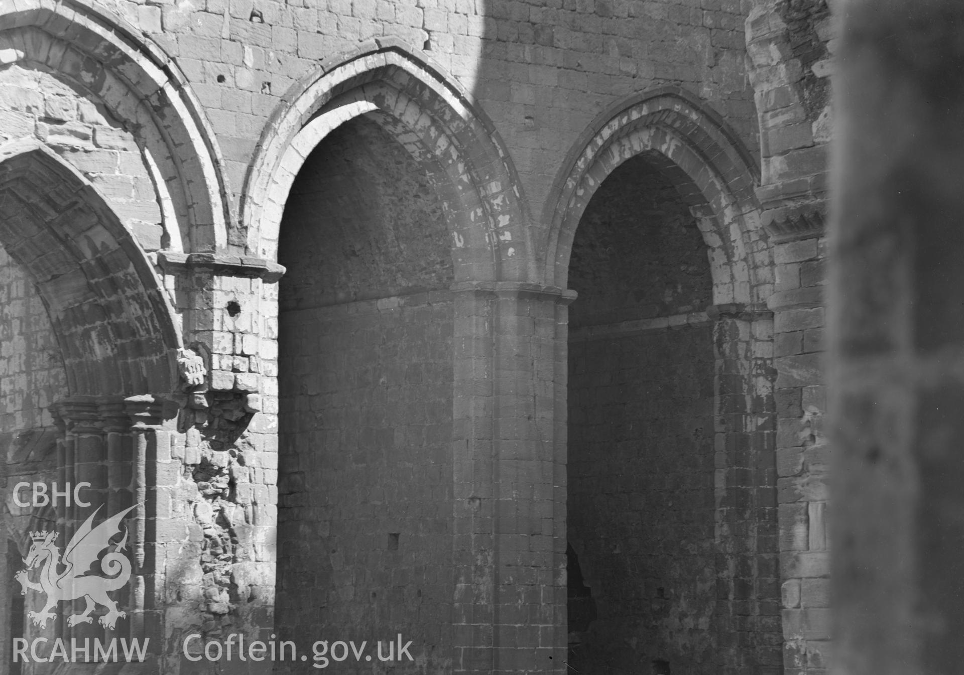 Digital copy of a black and white acetate negative showing detail exterior view of St. David's Cathedral, taken by E.W. Lovegrove, July 1936.