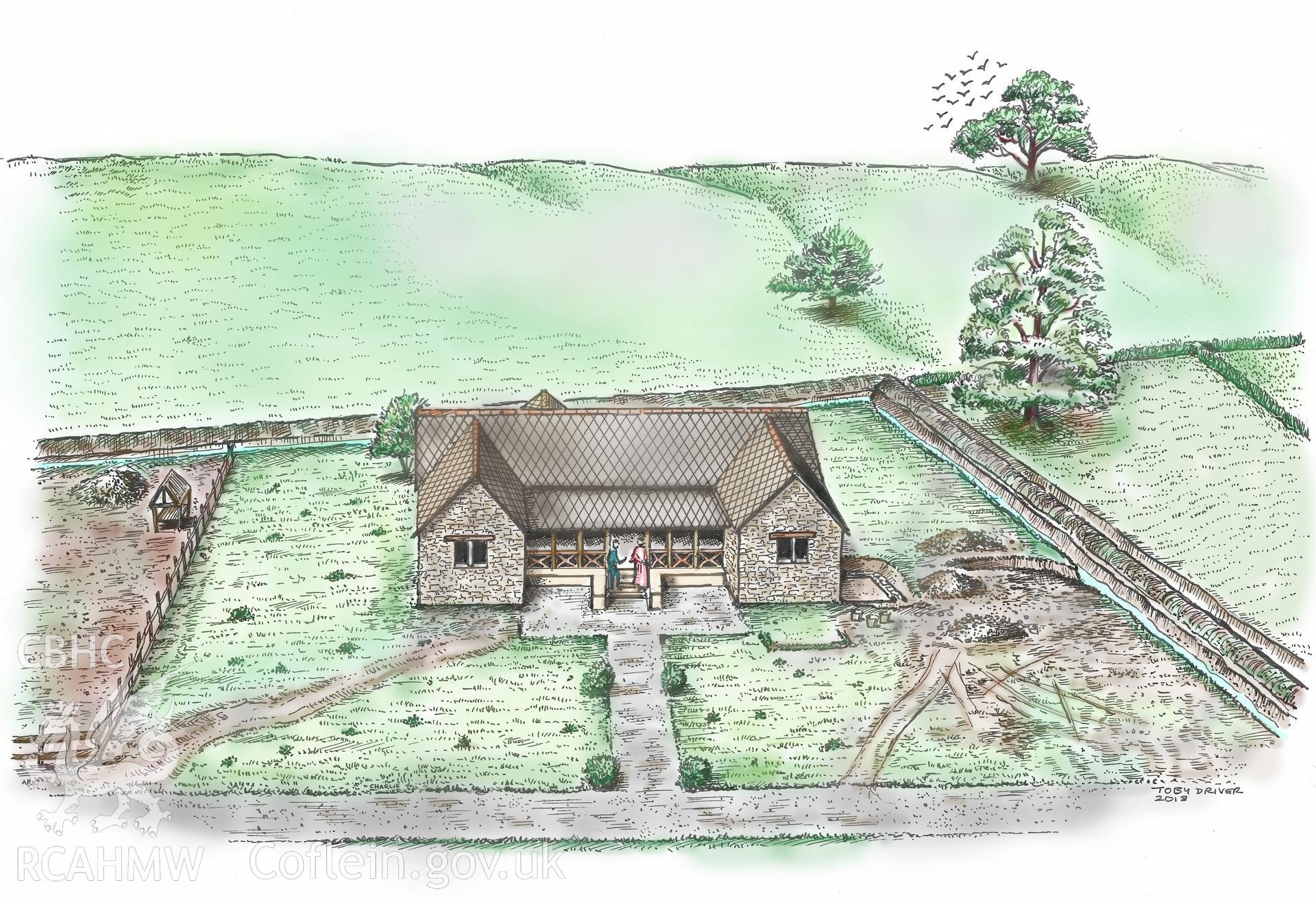 Arch Camb 167 (2018) 143-219. "The Romano-British villa at Abermagwr, Ceredigion: excavations 2010-2015" by Davies and Driver. Colour B/W version of Fig 23. Reconstruction of the domus of Abermagwr Roman Villa.