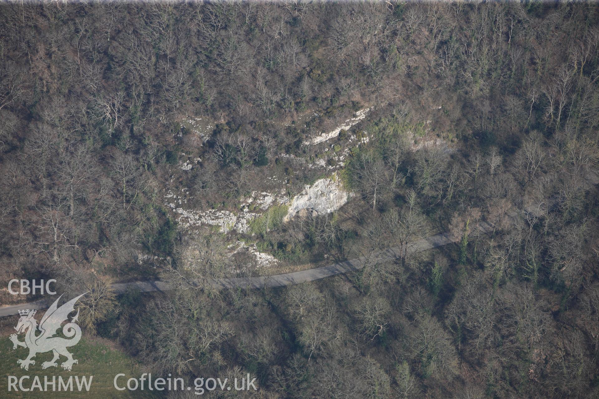 Bont-Newydd cave, Bont-newydd, north west of Denbigh. Oblique aerial photograph taken during the Royal Commission?s programme of archaeological aerial reconnaissance by Toby Driver on 28th February 2013.