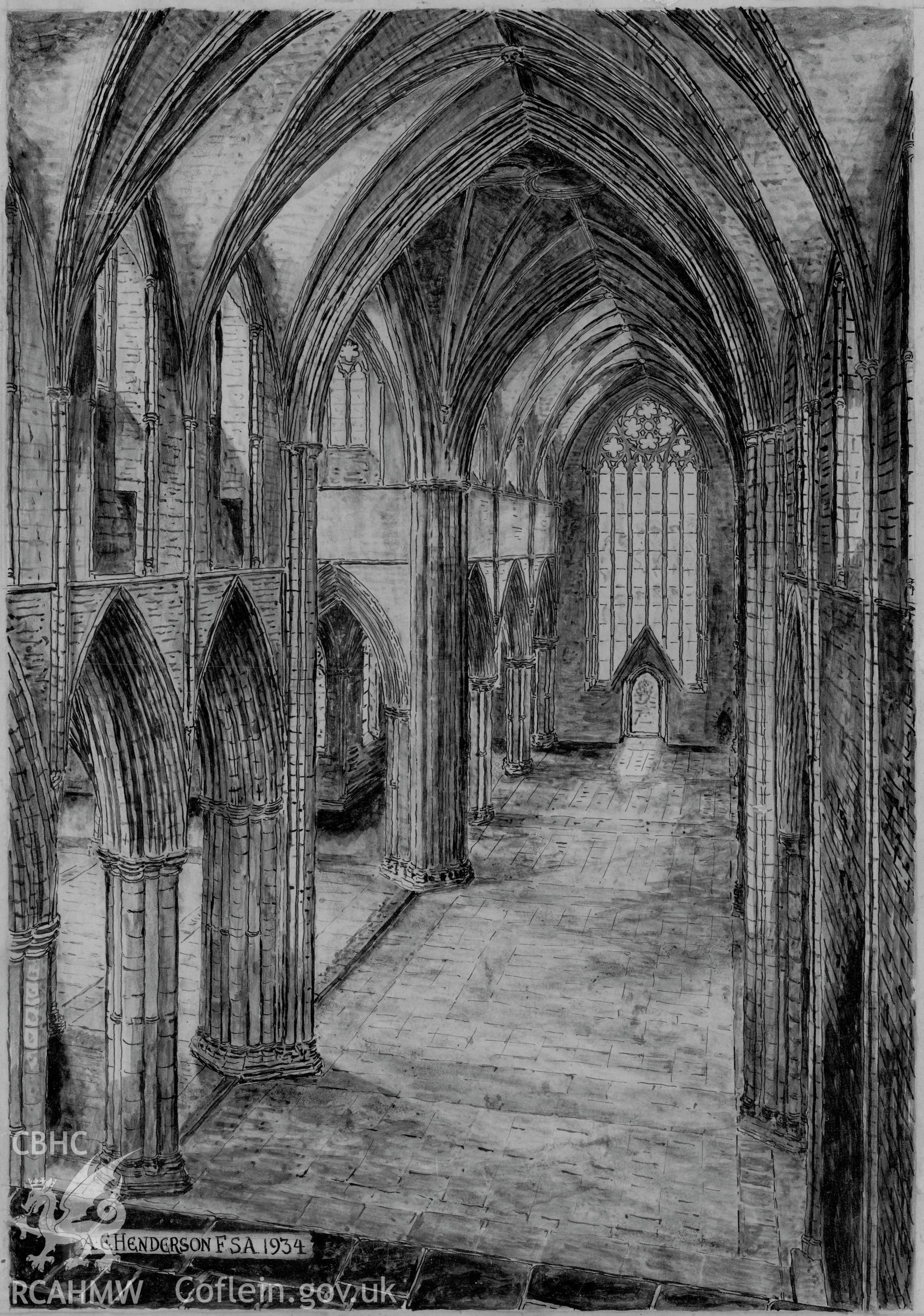 Digital copy of a conjectural reconstruction drawing of 'Tintern Abbey as Erected: The Transepts Looking South' produced by Arthur E. Henderson, 1934.