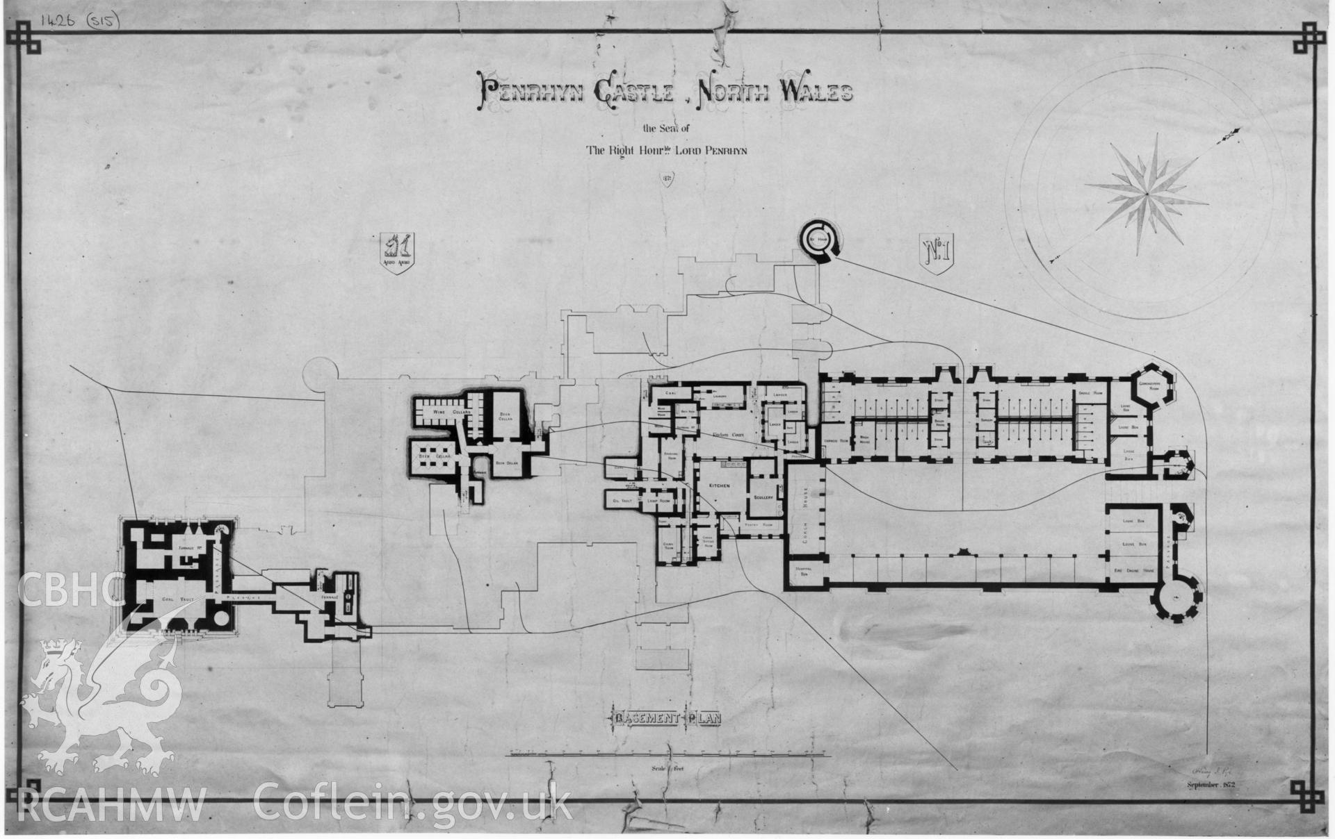 Digital copy of c.1872 drawing by H. Pye showing basement plan of Penrhyn Castle, Llandegai.